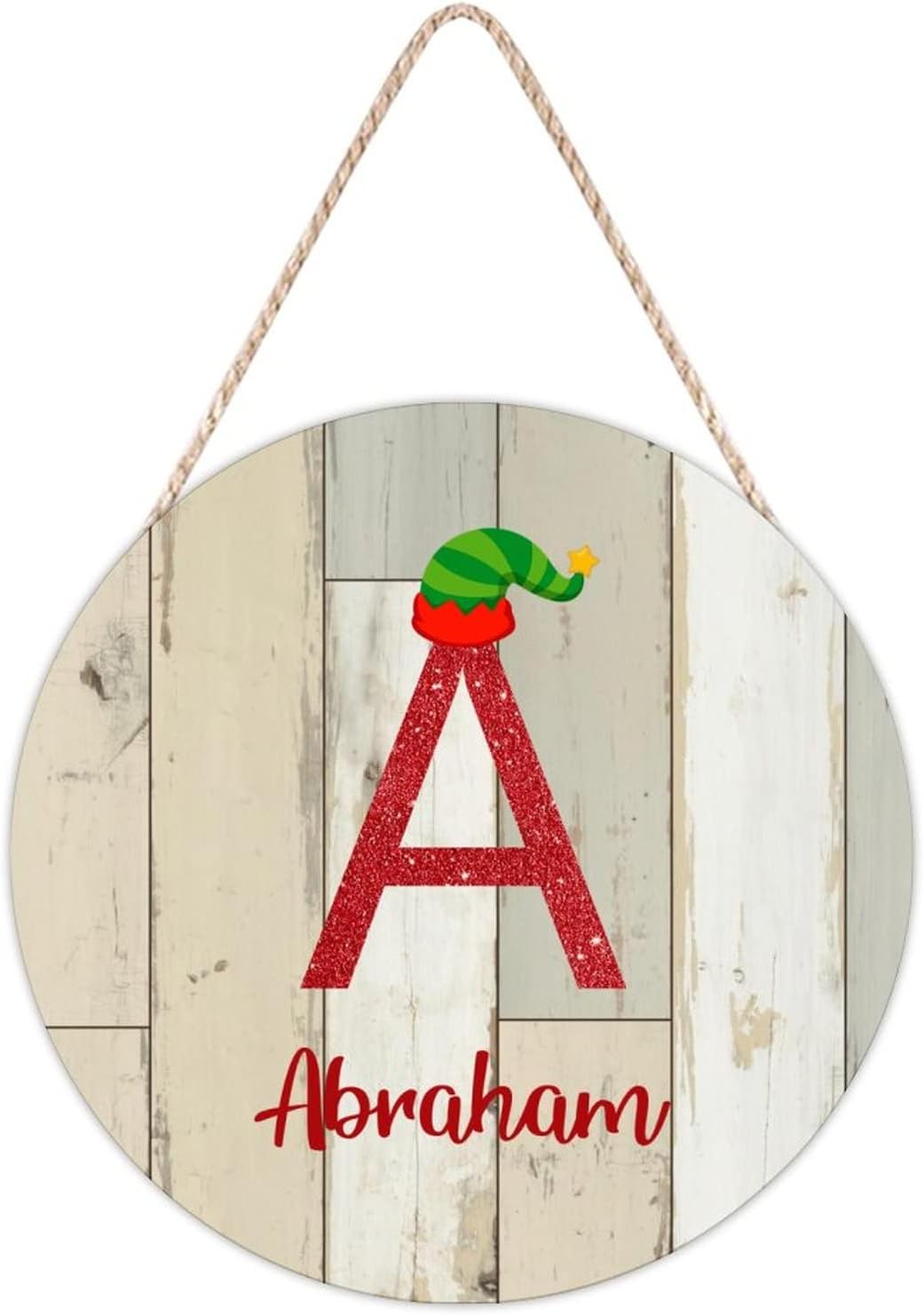 Farmhouse Door Hanger with Christmas Elf Hat Initial Wood Sign