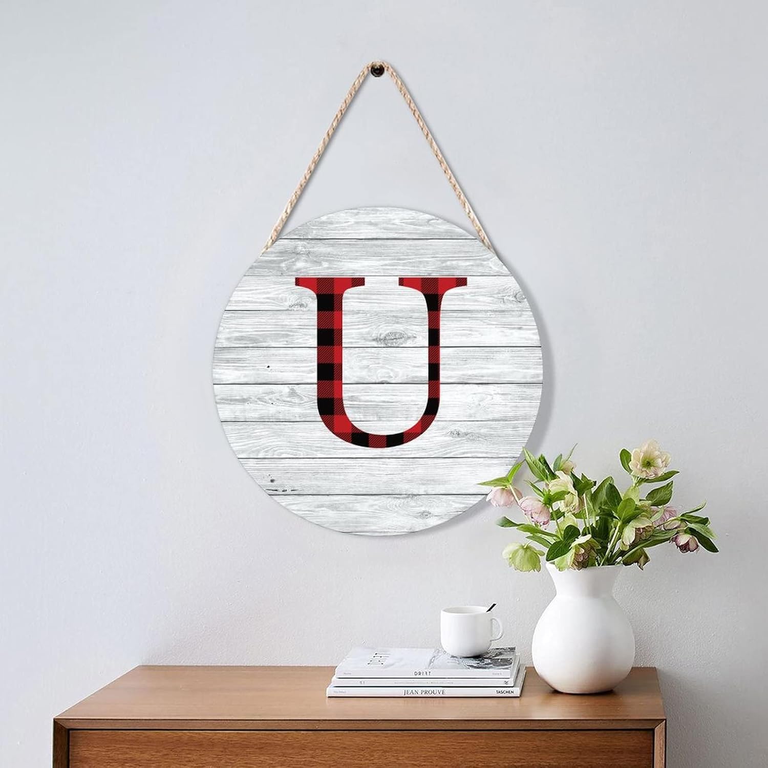 Farmhouse Door Hanger 10x10in Wood Sign Red Black Buffalo Plaid