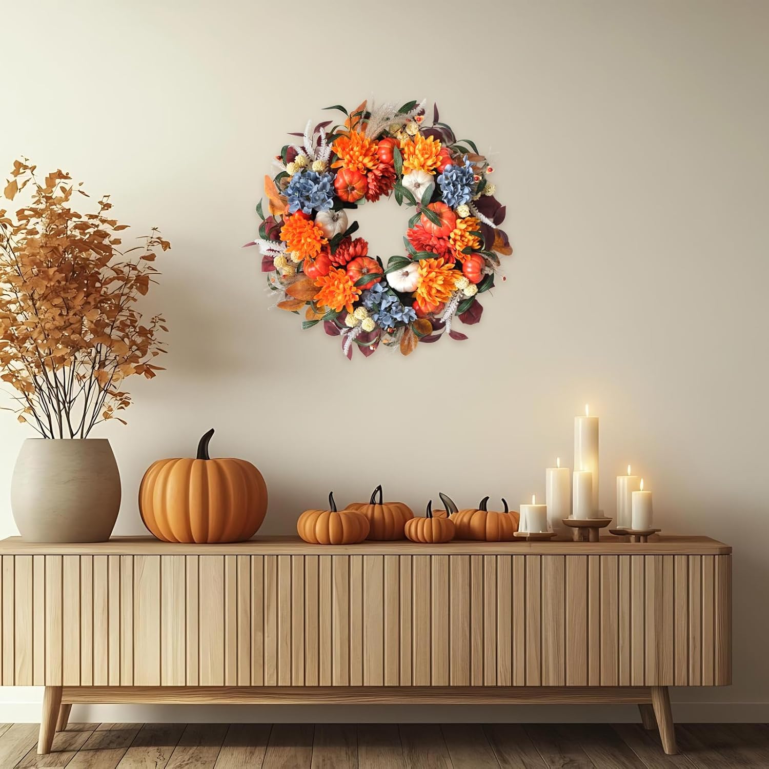 24-inch Fall Pumpkin Wreath Handcrafted Decor