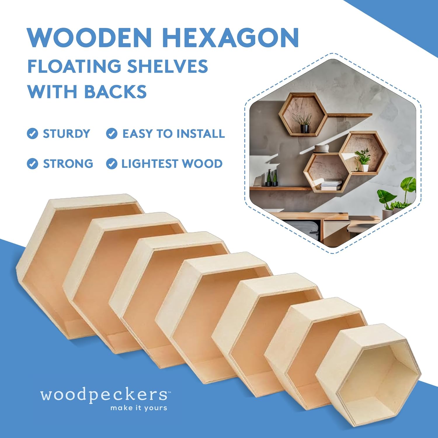Woodpeckers Wooden Hexagon Floating Shelves Set of 7 Unfinished