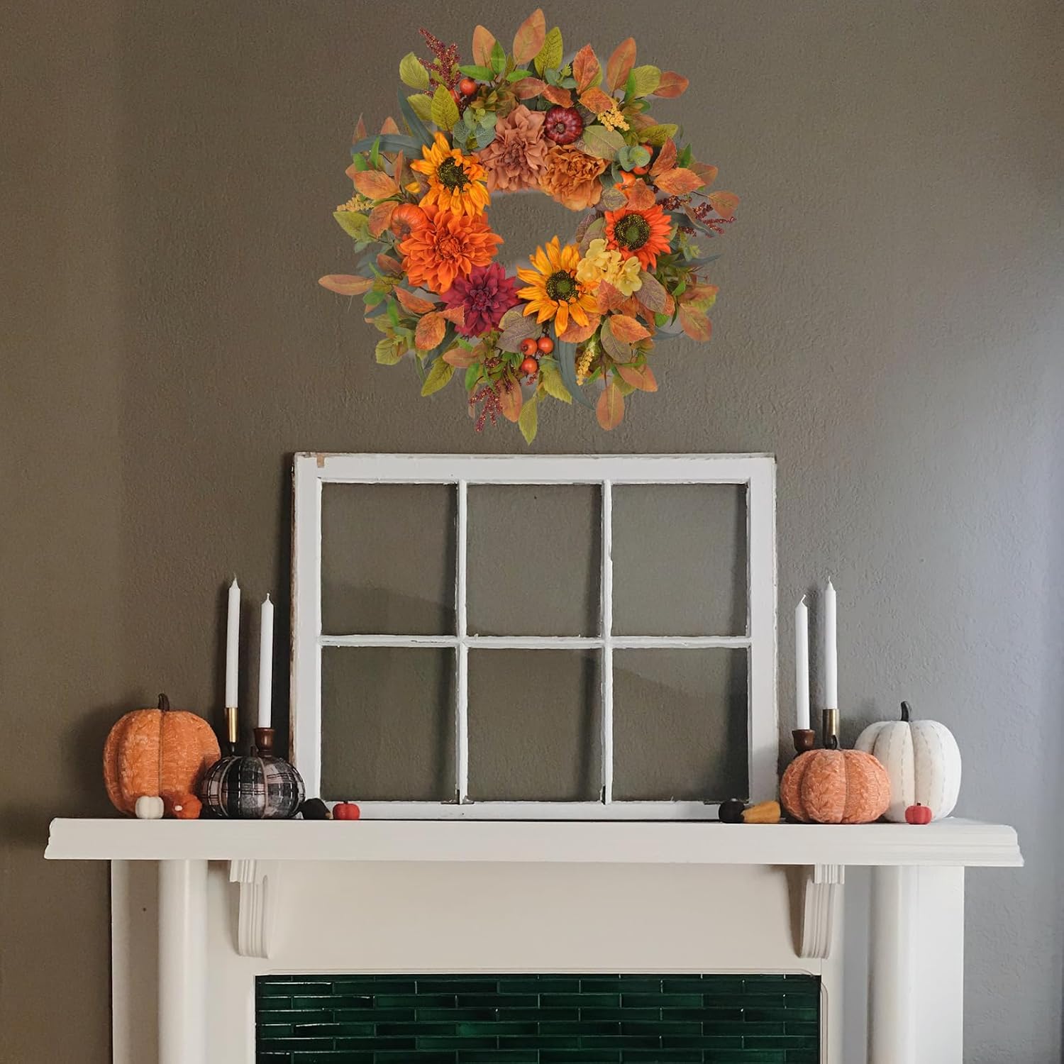 24-26 Inch Fall Wreath with Orange Artificial Pumpkin for Autumn Front Door Decor