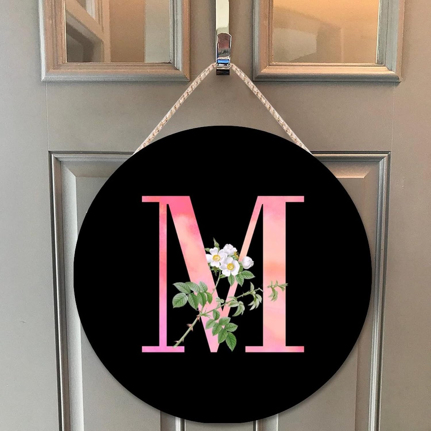 Farmhouse Door Hanger White Flower Pink Letter M Wood Sign