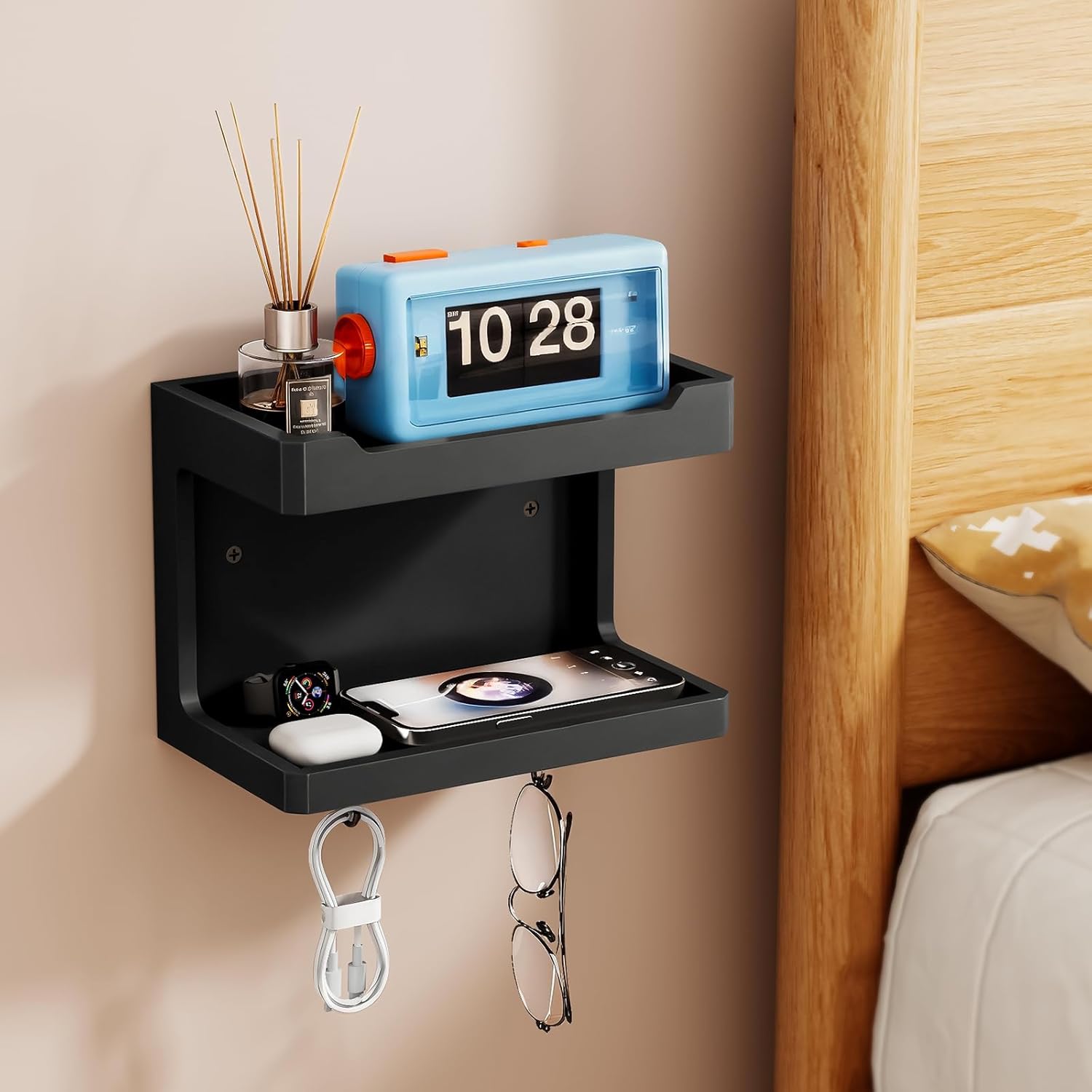 NiHome Large Wall Mounted Wooden Bedside Organizer with Magnetic Hooks - Black