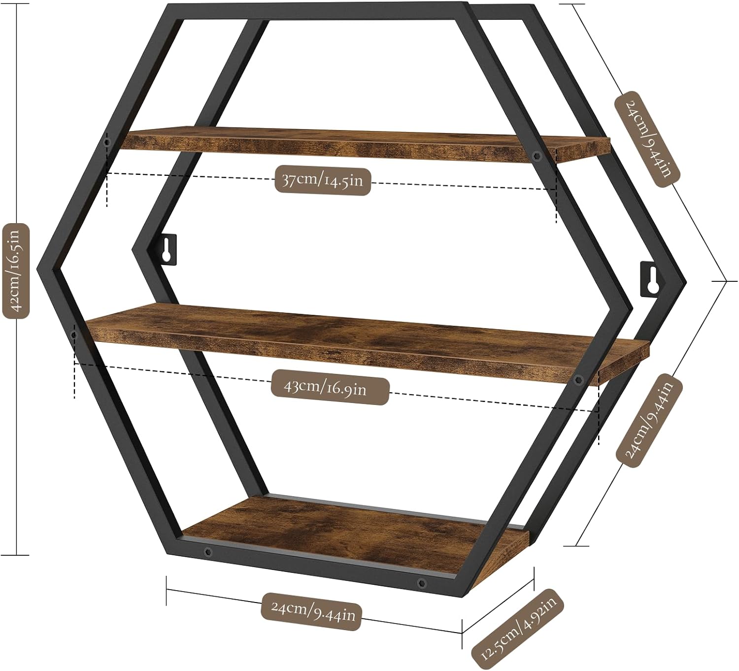 Hexagon Floating Shelves Decorative Wall Shelf Rustic Brown Black