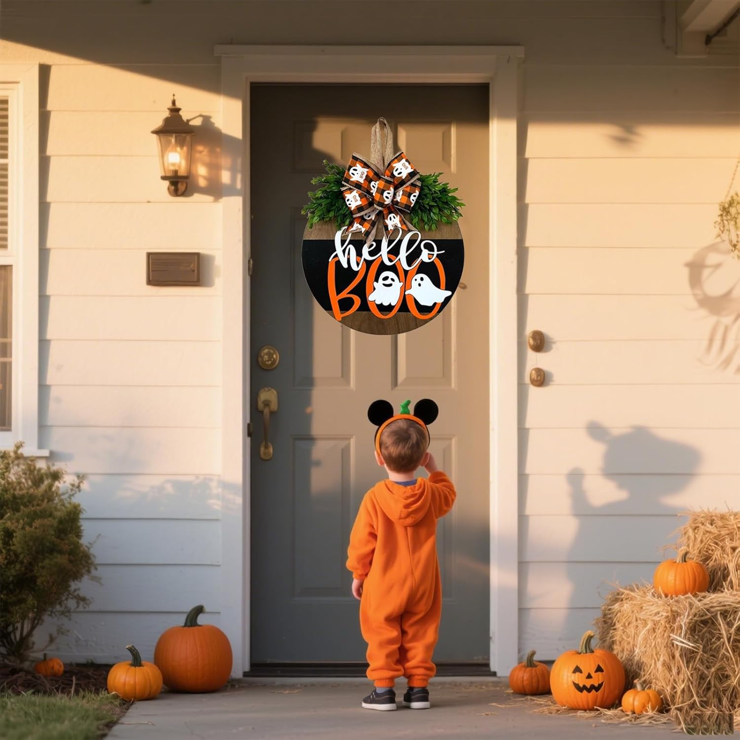 Halloween Door Wreath with Ghost Welcome Sign