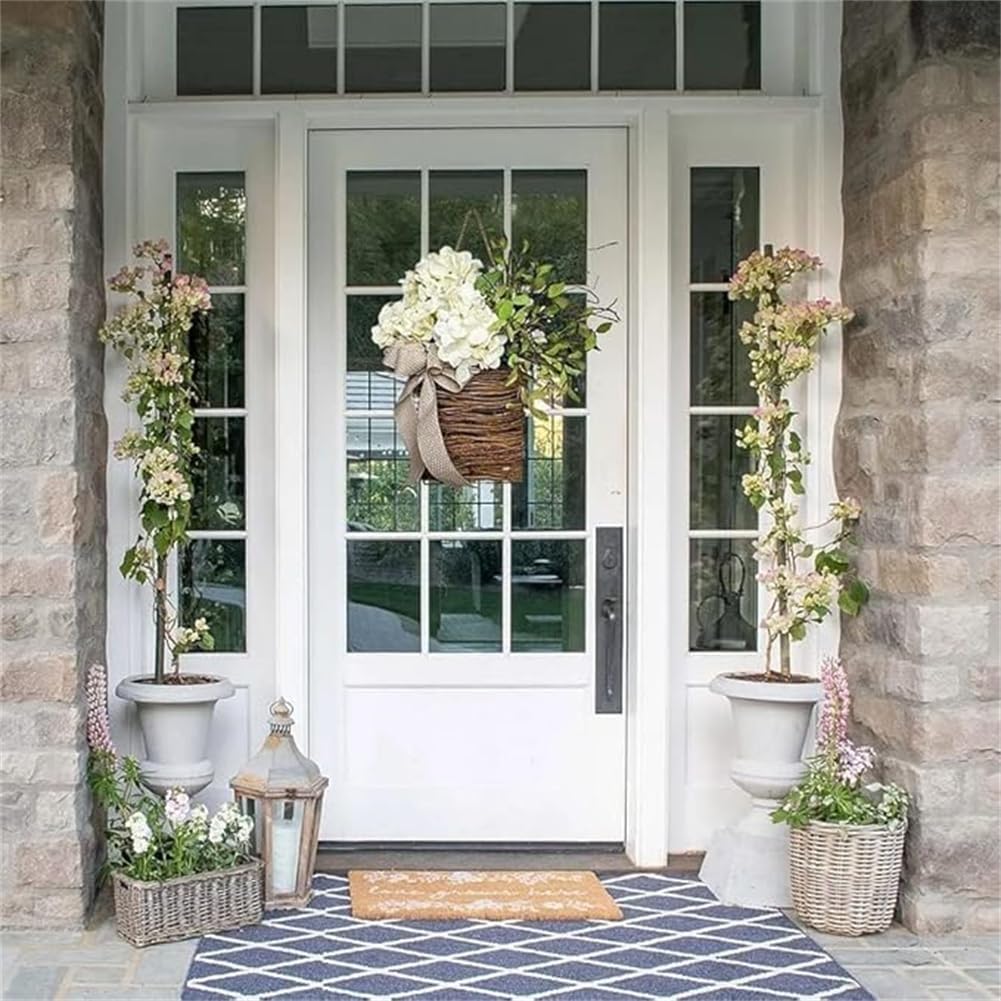 Cream Hydrangea Door Hanger Basket Wreath with Wildflowers White