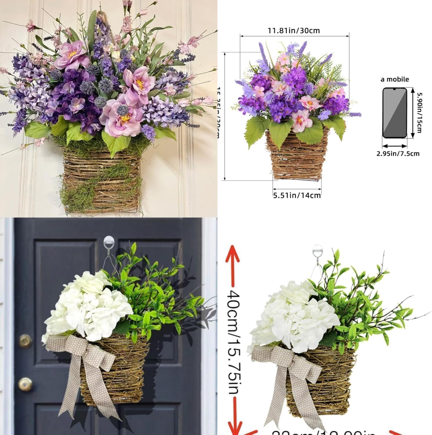 Cream Hydrangea Door Wreath with Rattan Basket and Burlap Bow