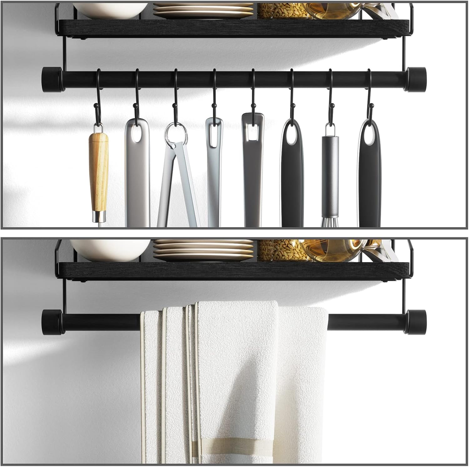 Alsonerbay Floating Wood Shelf with Hooks and Towel Bar