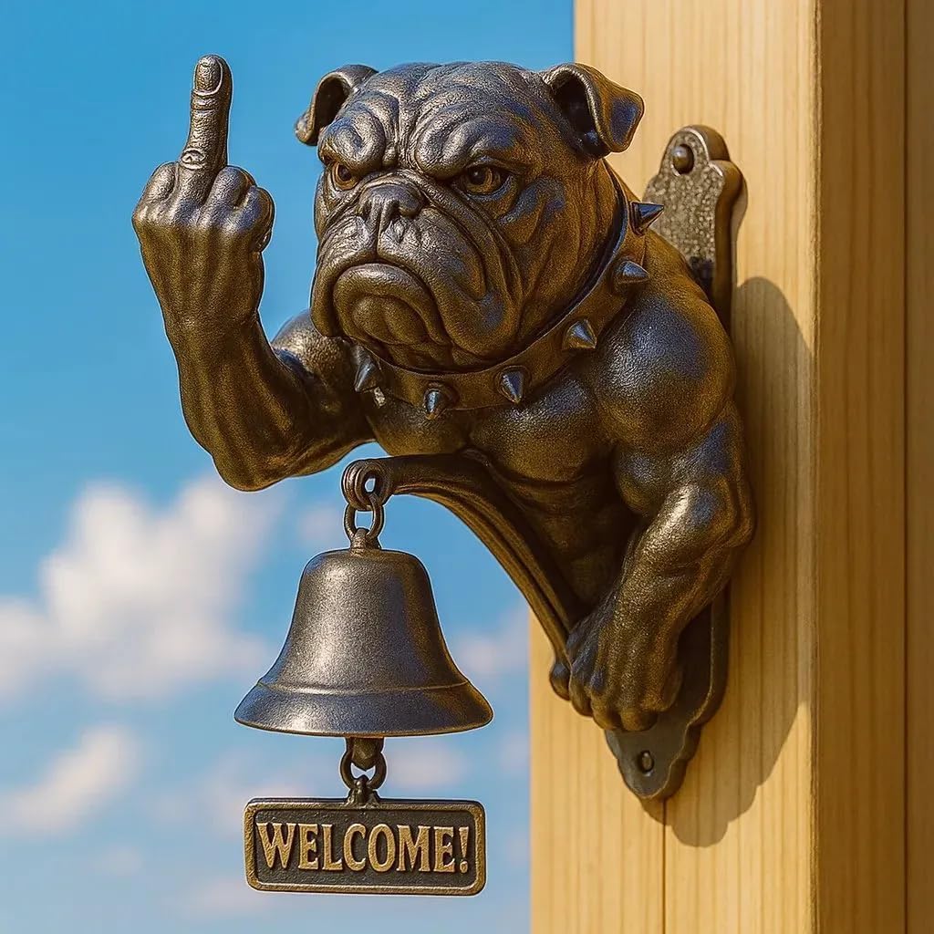 Funny Bulldog Doorbell with Middle FingerWelcoming DecorHome AccentHanging OrnamentRustic Iron Design