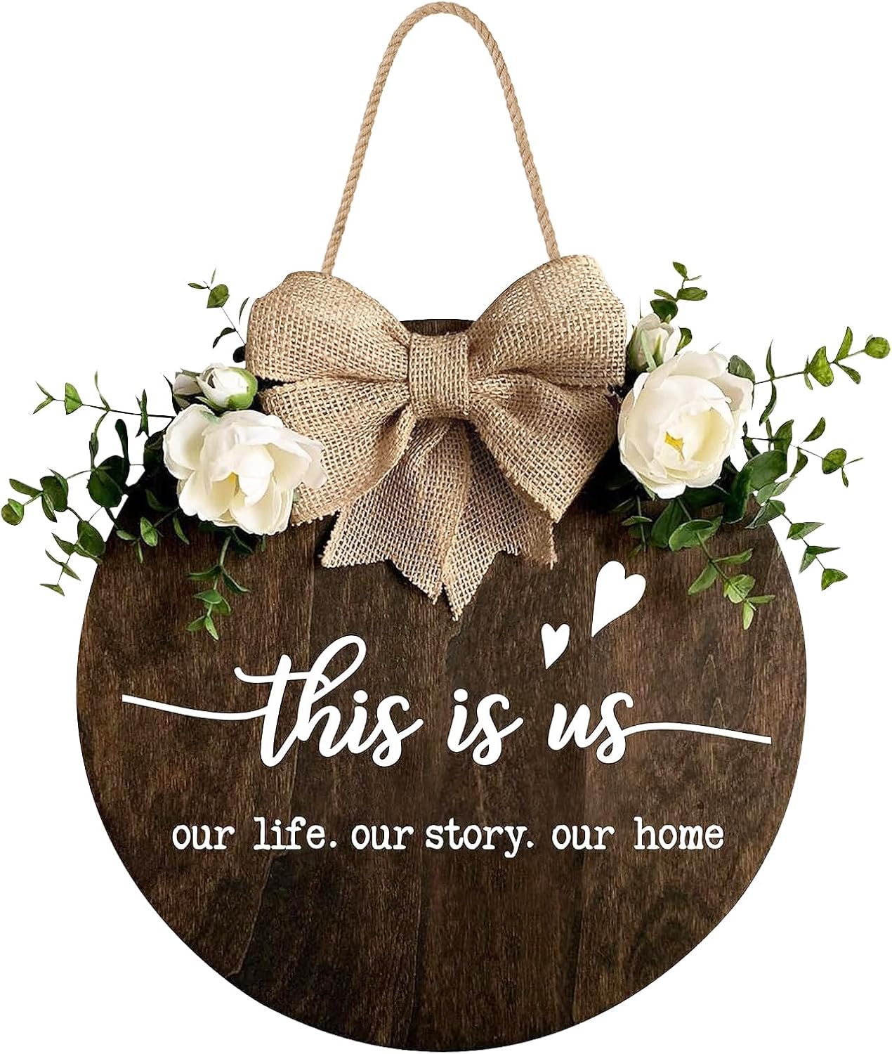 This is Us Welcome Sign Rustic Round Wood Door Decor with Ribbon Bow and Artificial Greenery
