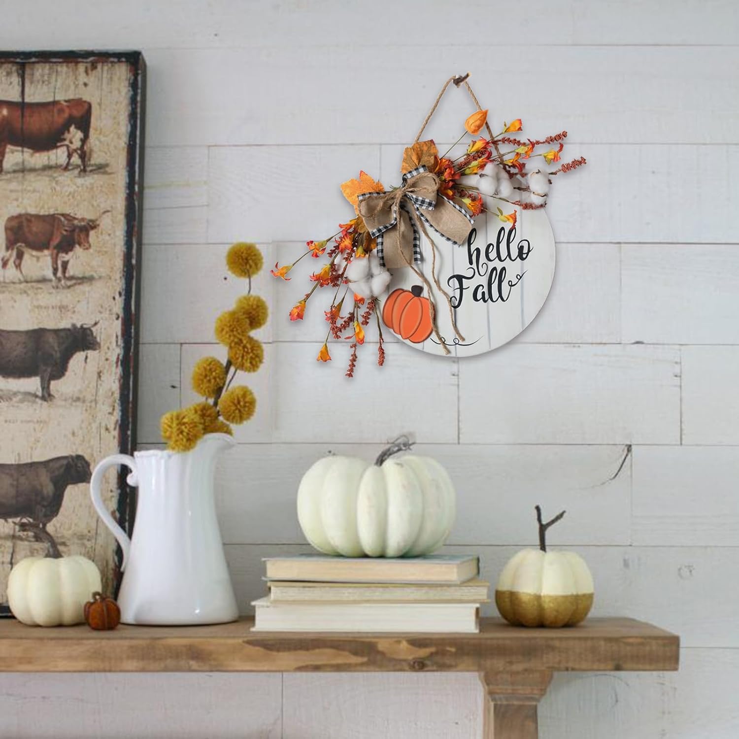 Fall Wreath Wooden Hanging Sign with Burlap Bow and Maple Leaves