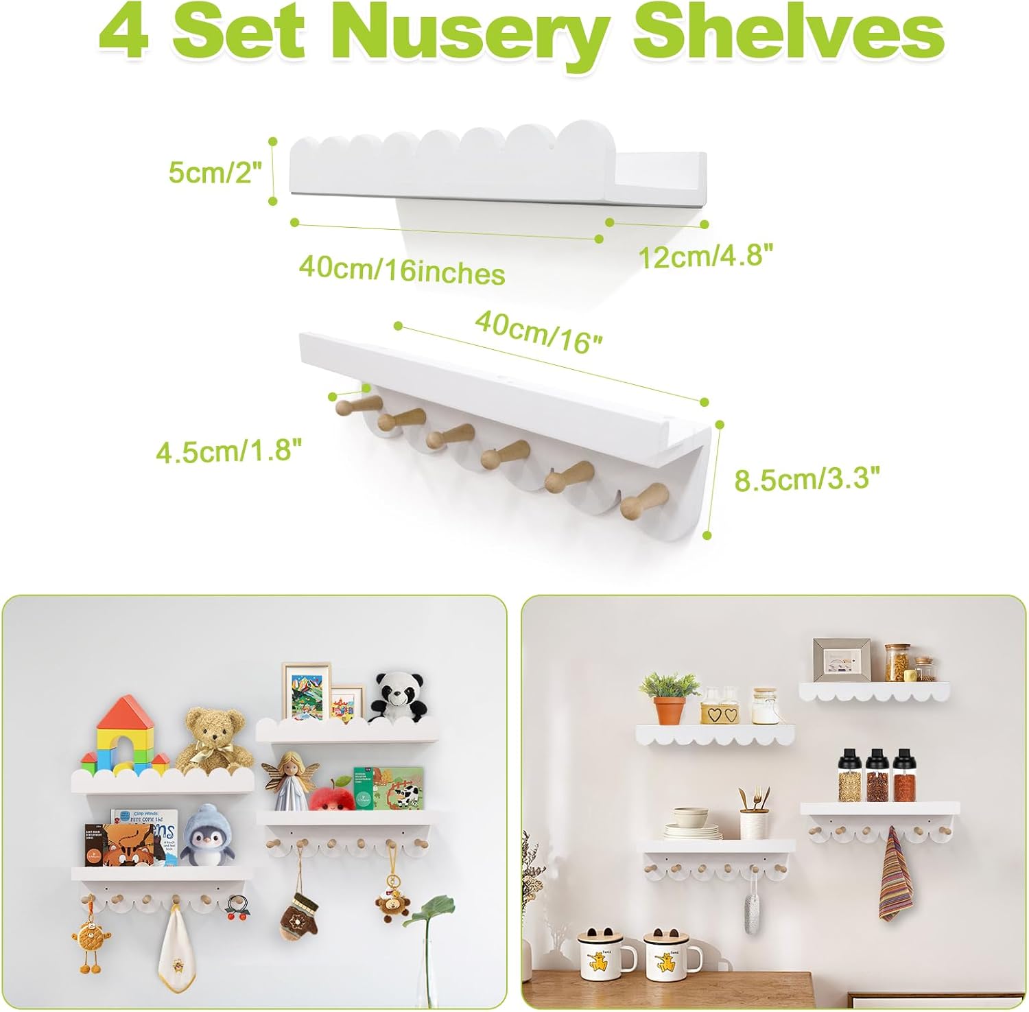 Varbonia Floating Nursery Book Shelves for Wall 4 Tier Storage with Wooden Pegs