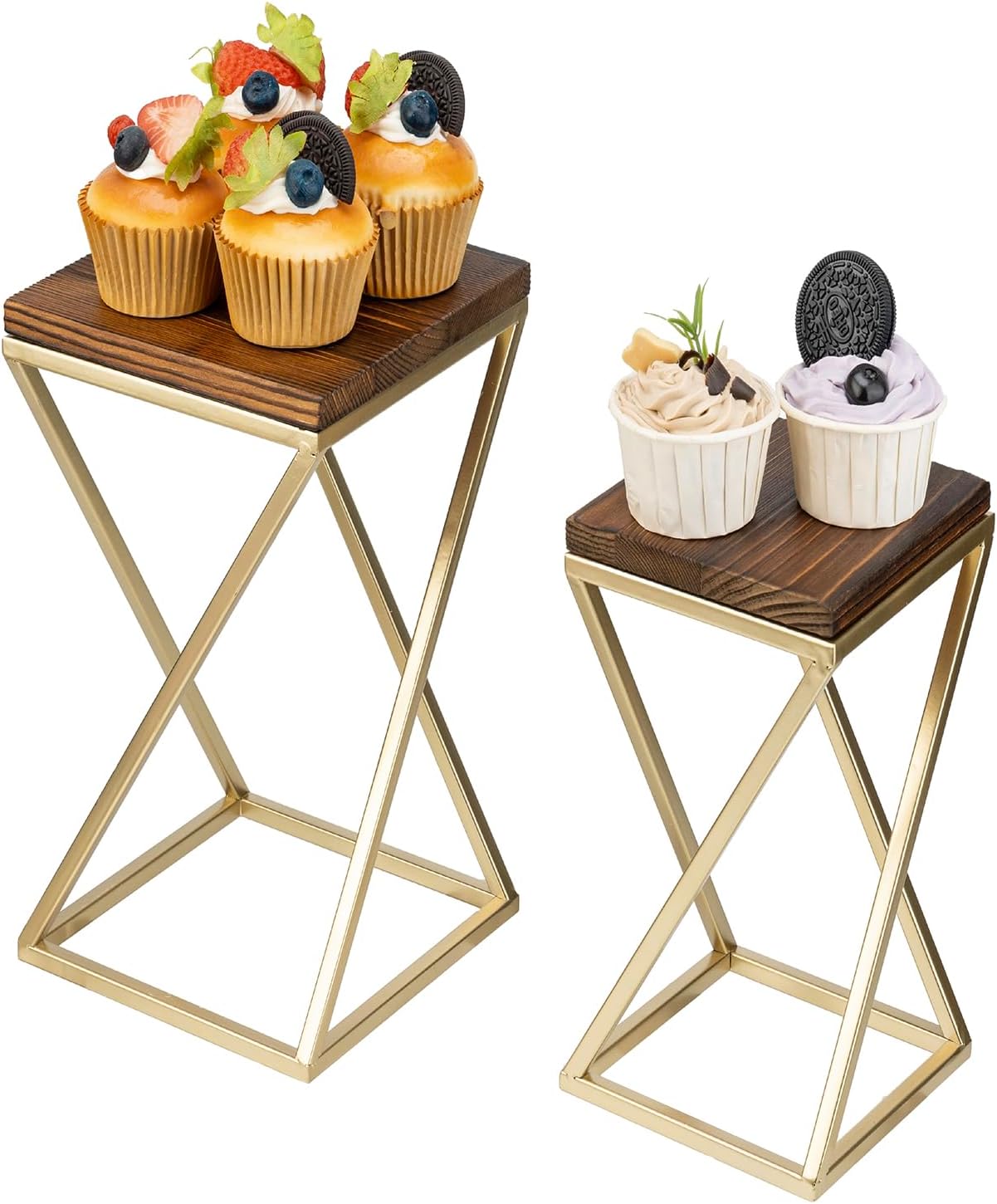 MyGift Dessert Riser Stands Modern Brass Wood Pedestal Set