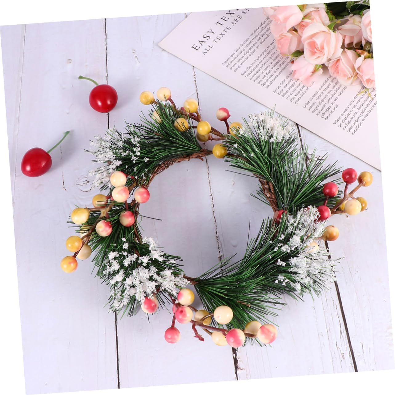 LIFKOME Simulated Berry Pink Flower Wall Decor Wreath Front Door Hanger