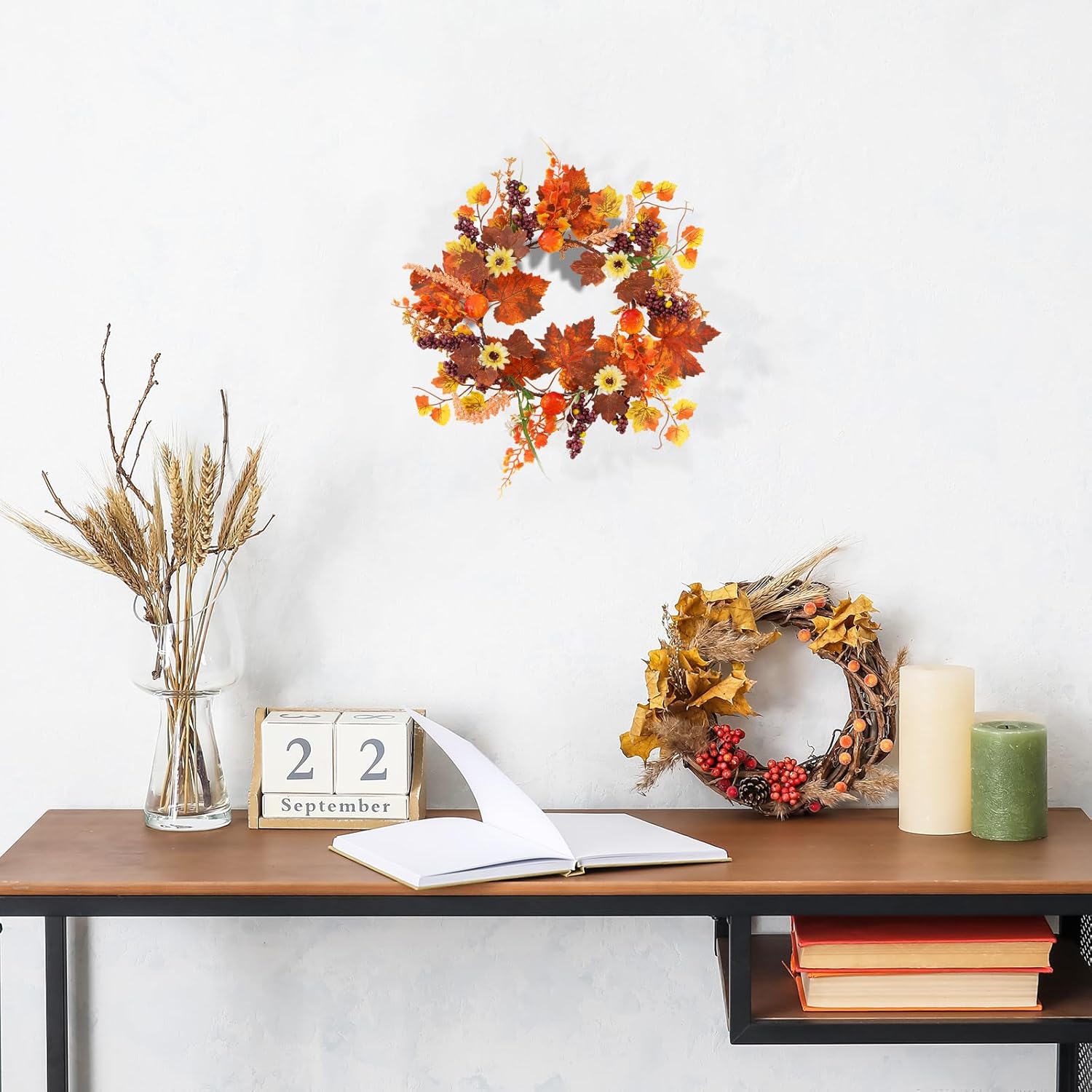 Fall Wreath for Front Door Artificial Autumn Maple Leaf Wreath with Pumpkins Berries 14 Inch Decor