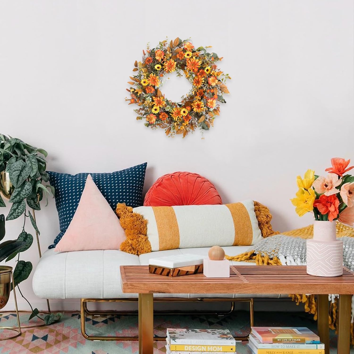 TEMPUS 22 Inch Fall Wreath with Yellow Daisies and Green Leaves - Artificial Wreath for Front Door Thanksgiving Decor