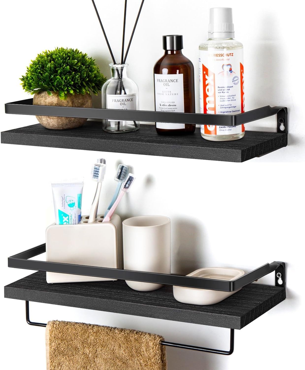 Floating Shelves for Wall Set of 2 Black with Towel Bar