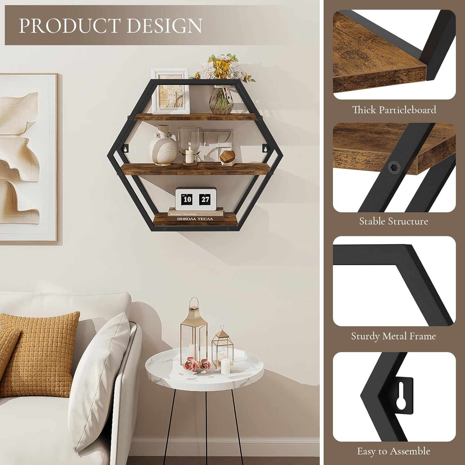 Hexagon Floating Shelves Decorative Wall Shelf Rustic Brown Black