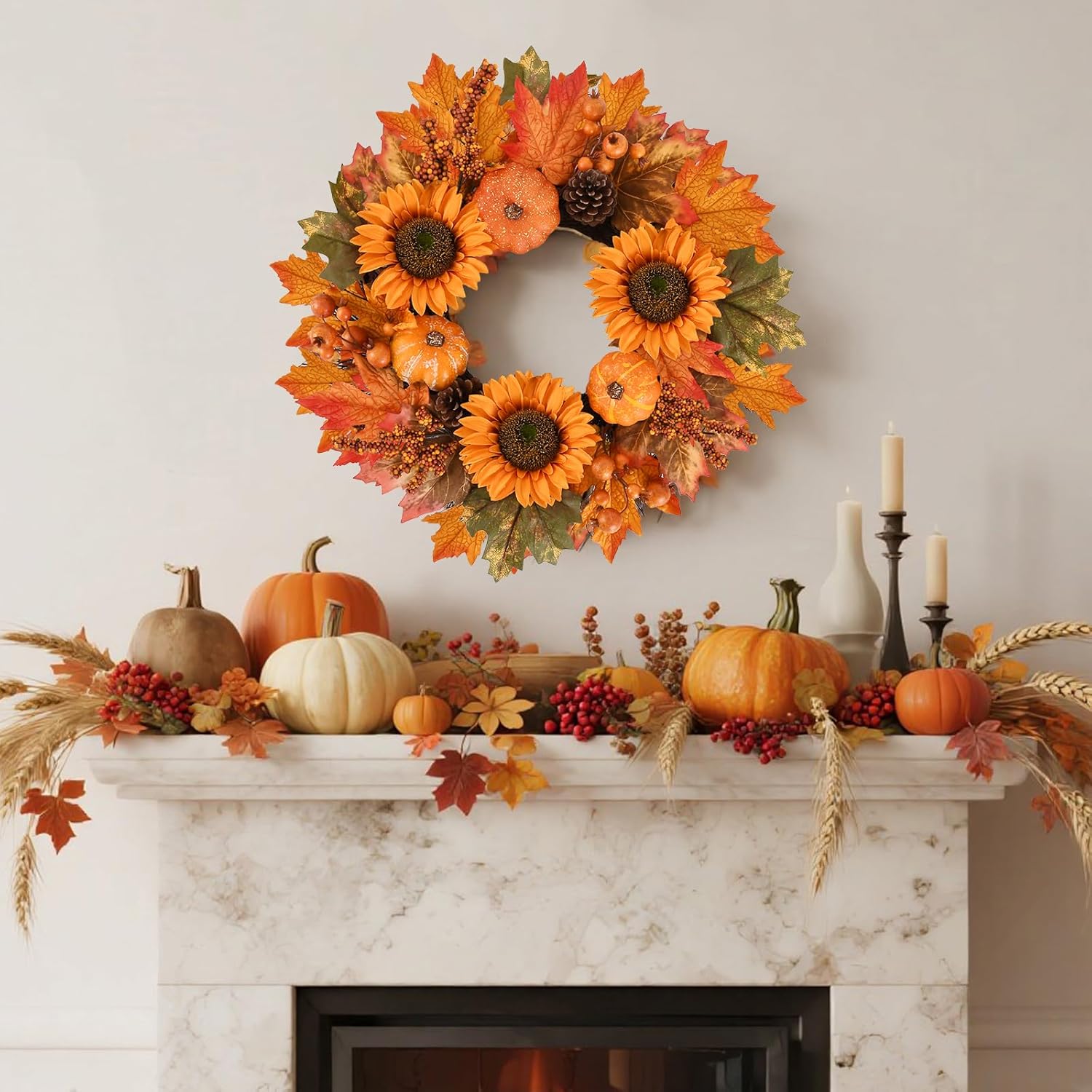 Fall Wreath Front Door 19 Inch Autumn Decor