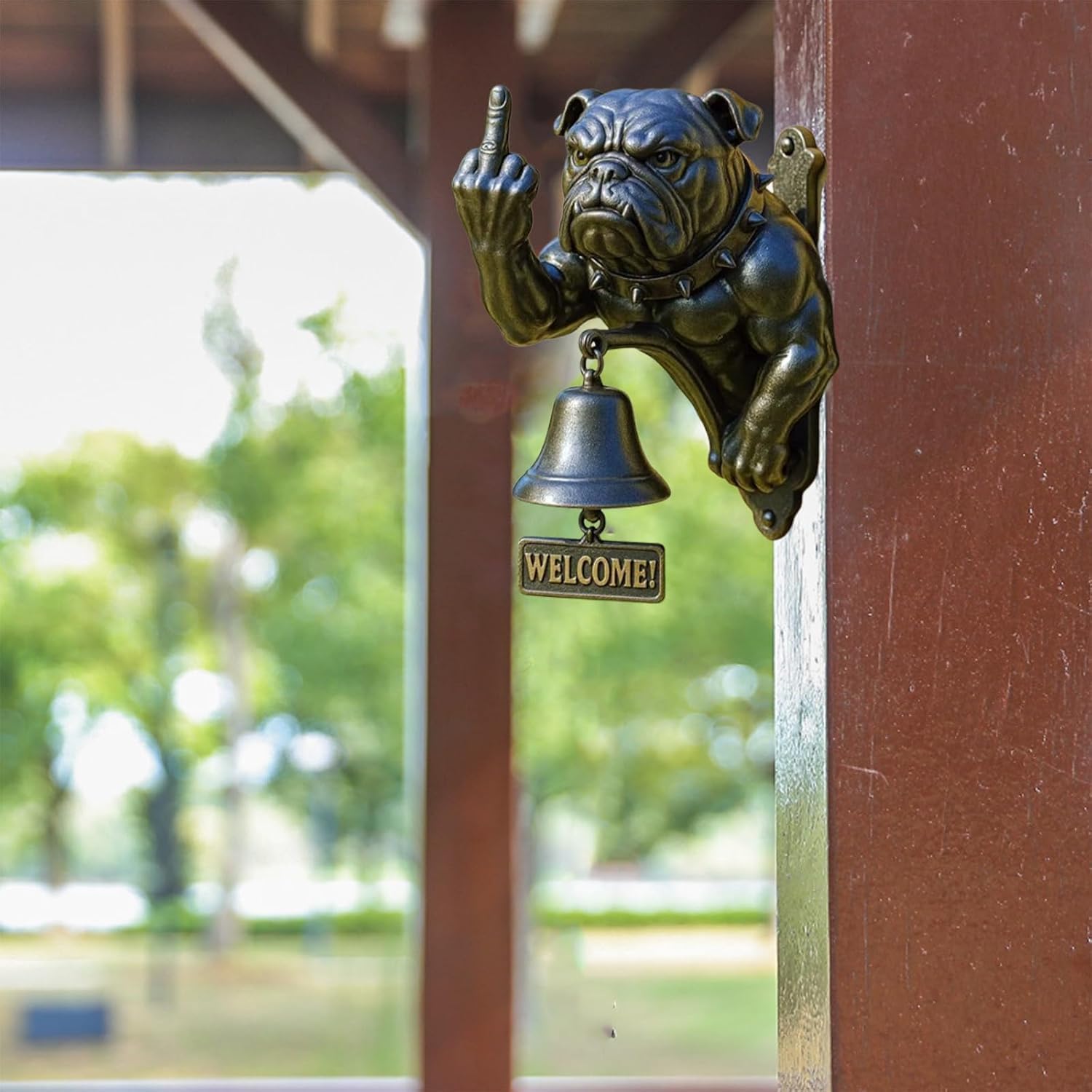 Funny Bulldog Doorbell with Middle FingerWelcoming DecorHome AccentHanging OrnamentRustic Iron Design