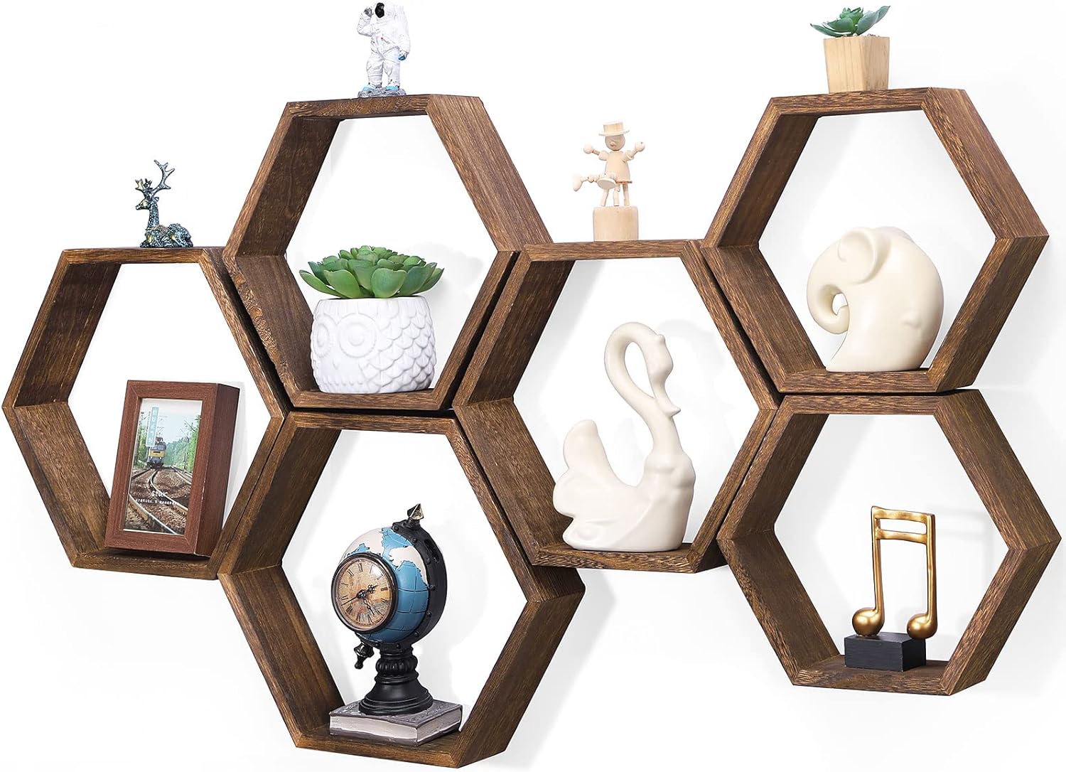 Novimango Hexagon Floating Shelves Set of 6 Rustic Brown