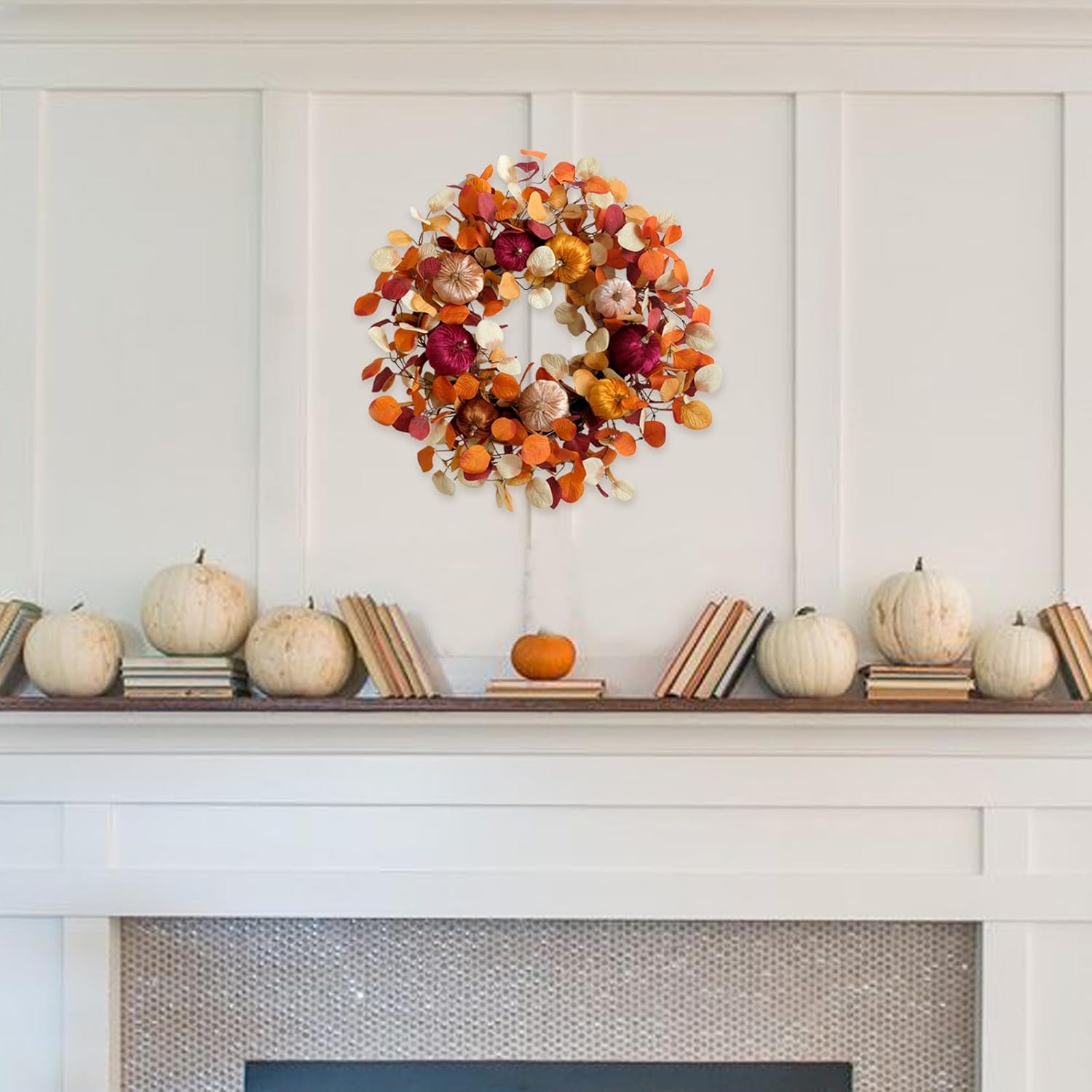 24 Inch Fall Eucalyptus Velvet Pumpkin Wreath for Front Door