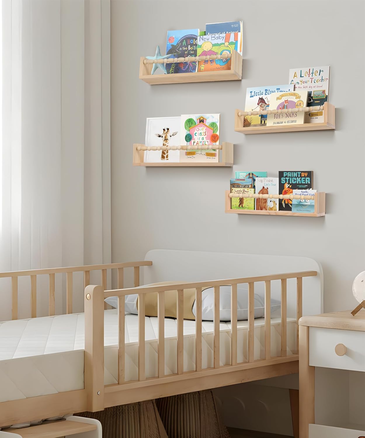 Nursery Book Shelves Set of 4 Natural Wood Floating Shelves for Wall