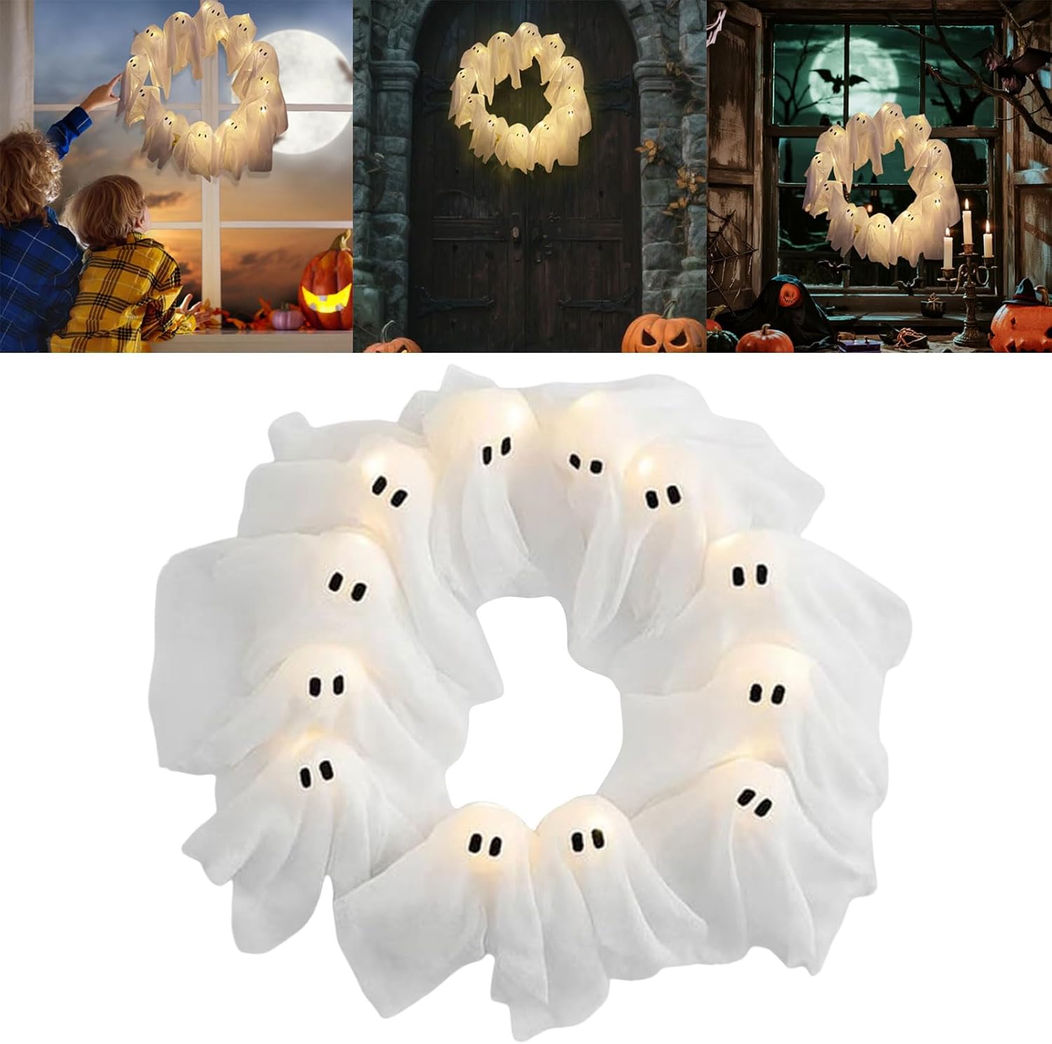Spooky Light-Up Ghost Wreath for Front Door