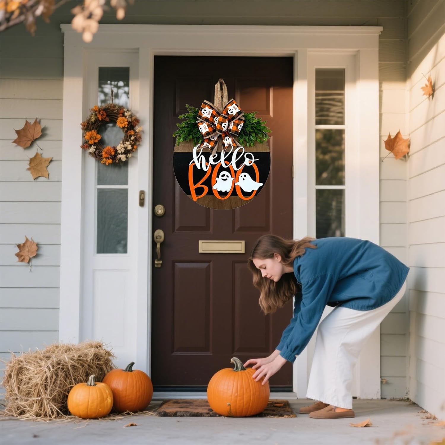 Halloween Door Wreath with Ghost Welcome Sign