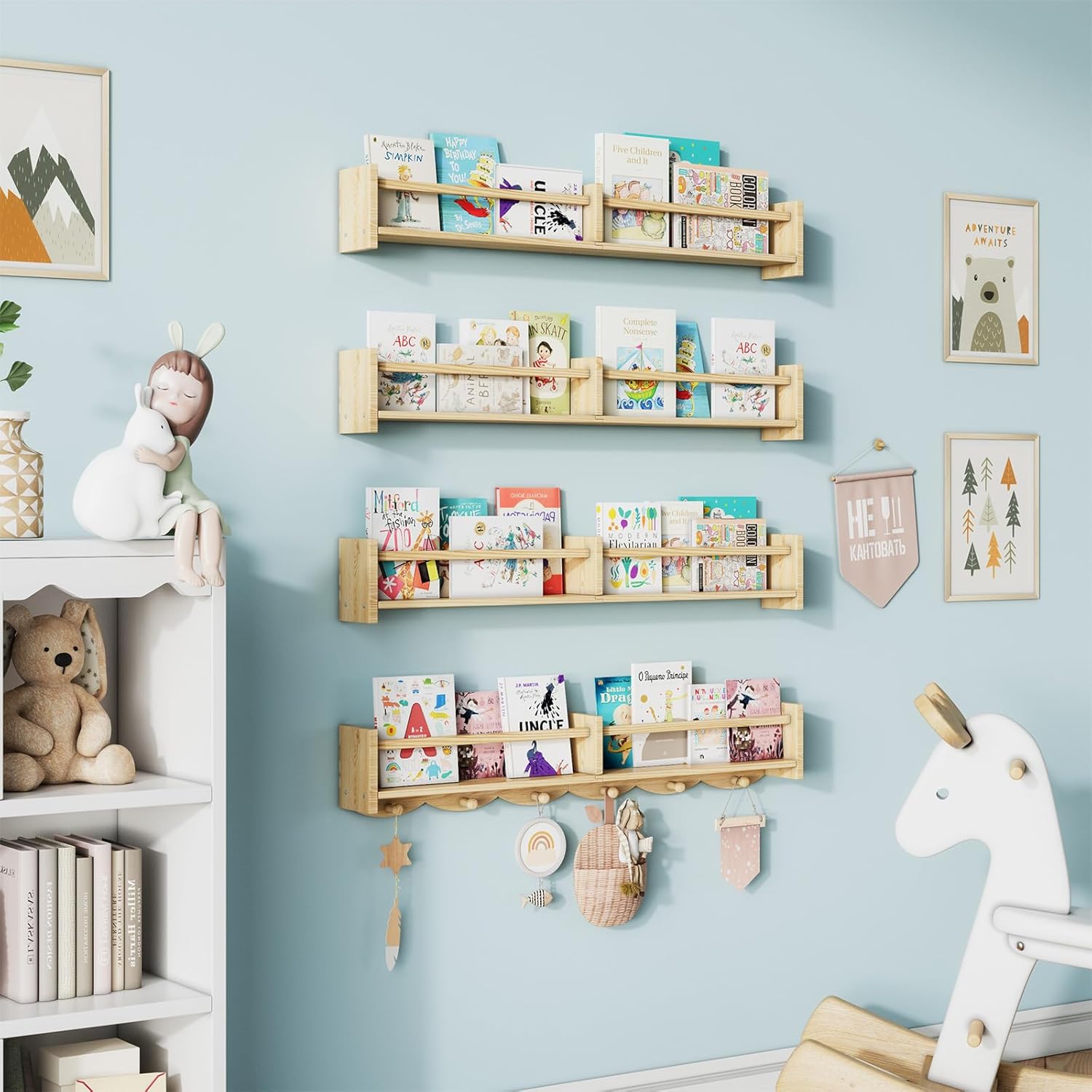 34 Inch Floating Bookshelf with 6 Hooks and Storage