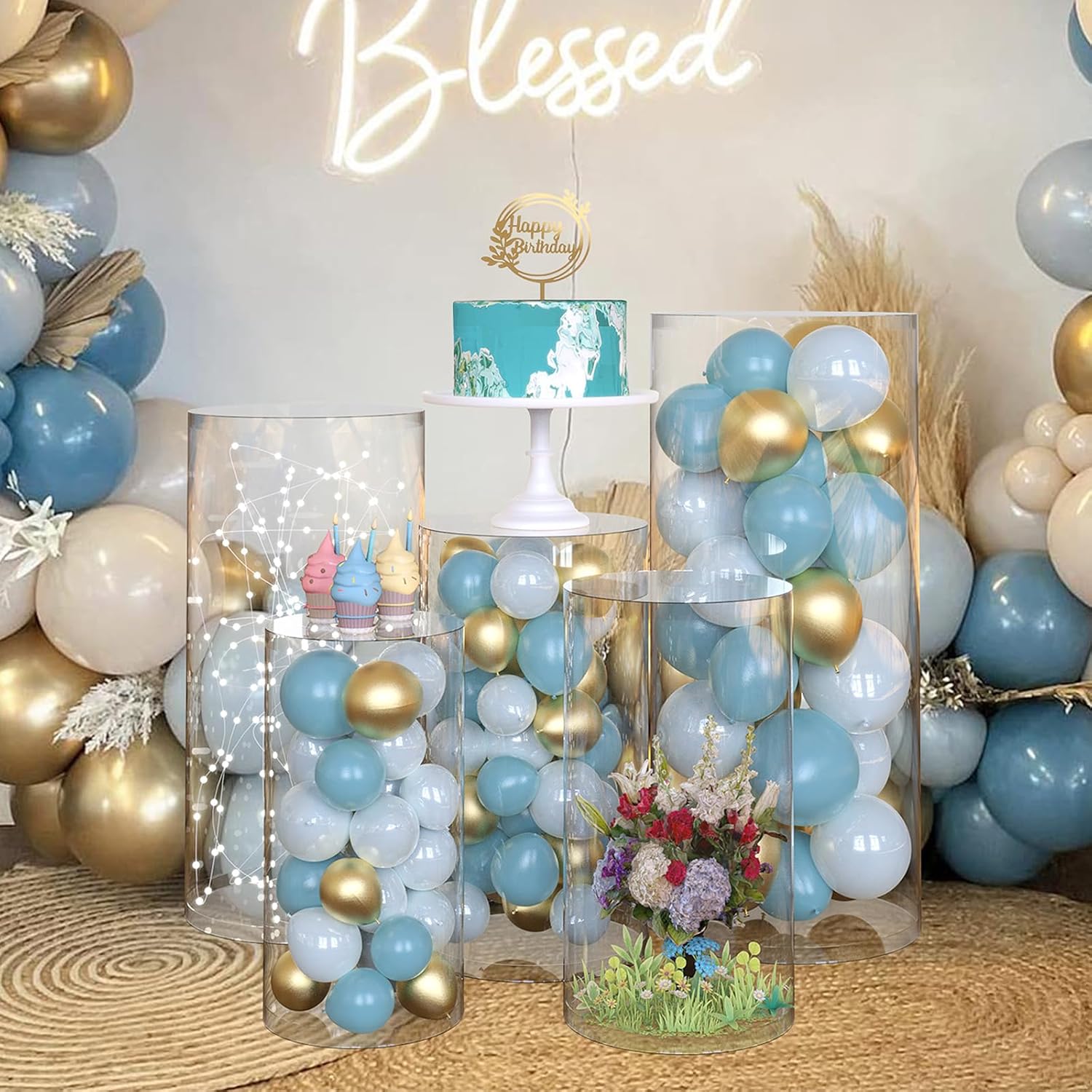 5PCS Clear Cylinder Stands with Gold Cover for Party Displays