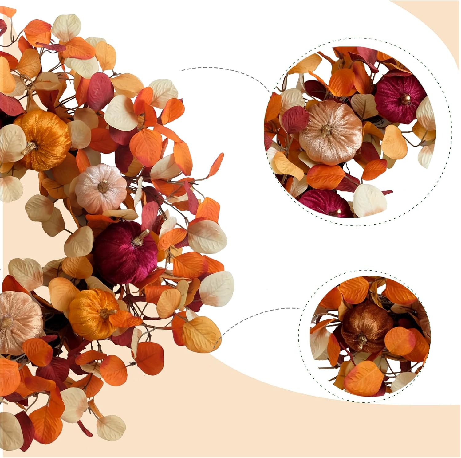 24 Inch Fall Eucalyptus Velvet Pumpkin Wreath for Front Door