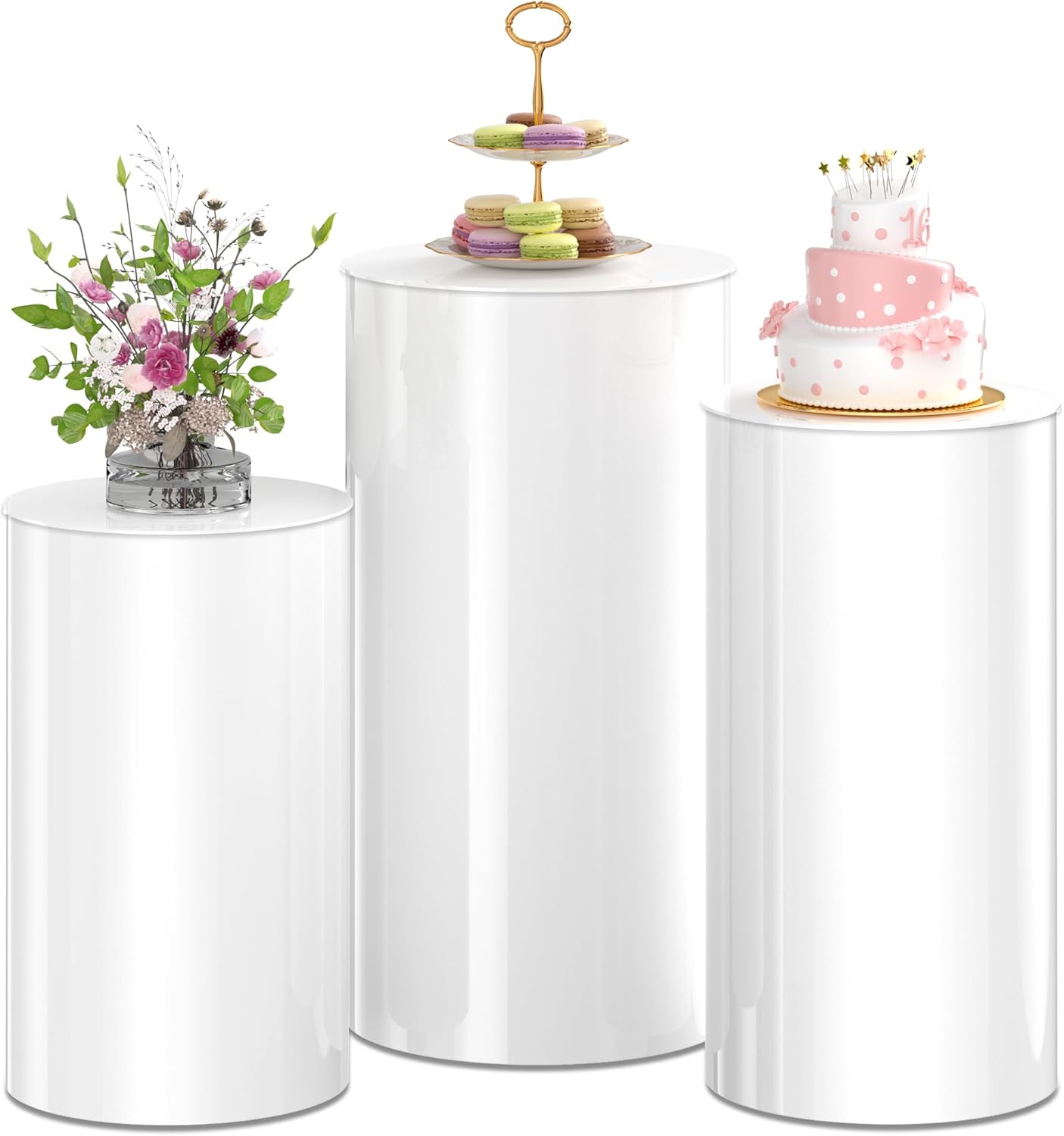 Toosci 3 Piece White Cylinder Display Stand Set for Party Decor