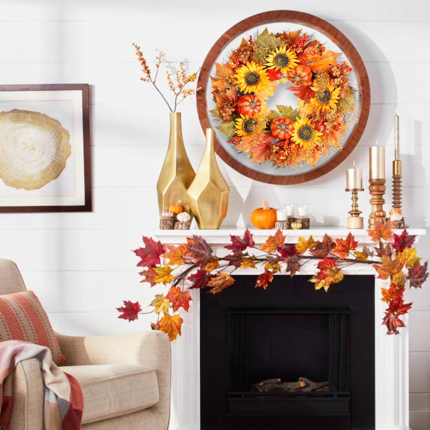 Fall Wreath with Pumpkins and Sunflowers 22 Inch Decor for Front Door
