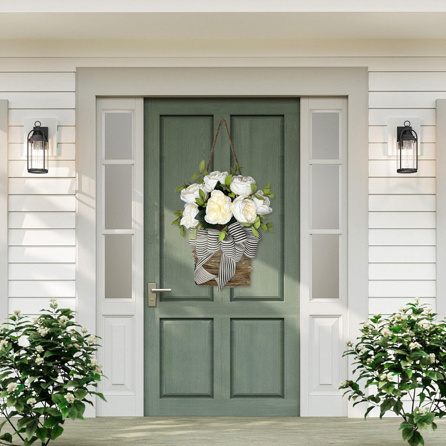 White Hydrangea Door Wreath with Basket Hanger Welcome Sign