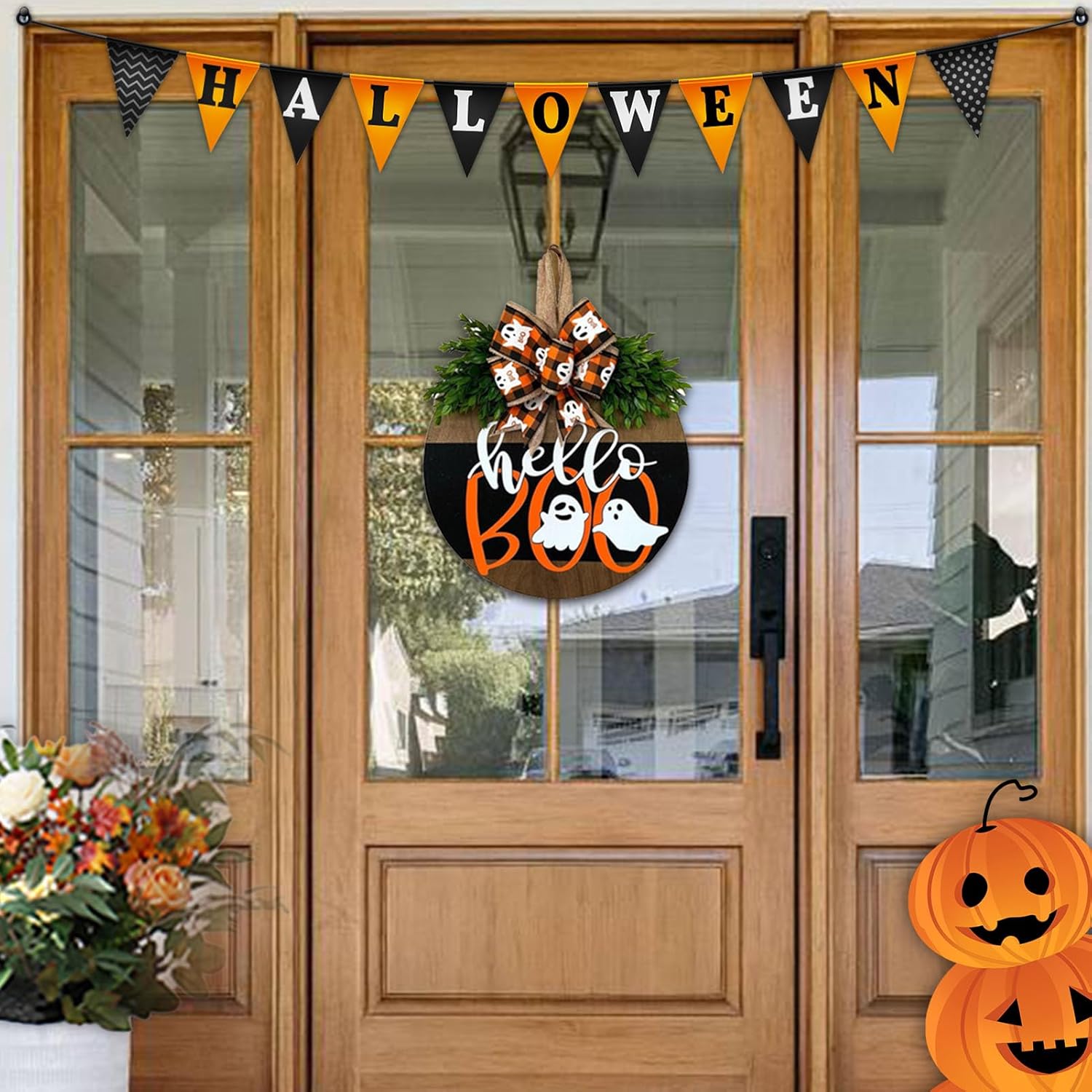 Halloween Door Wreath with Ghost Welcome Sign