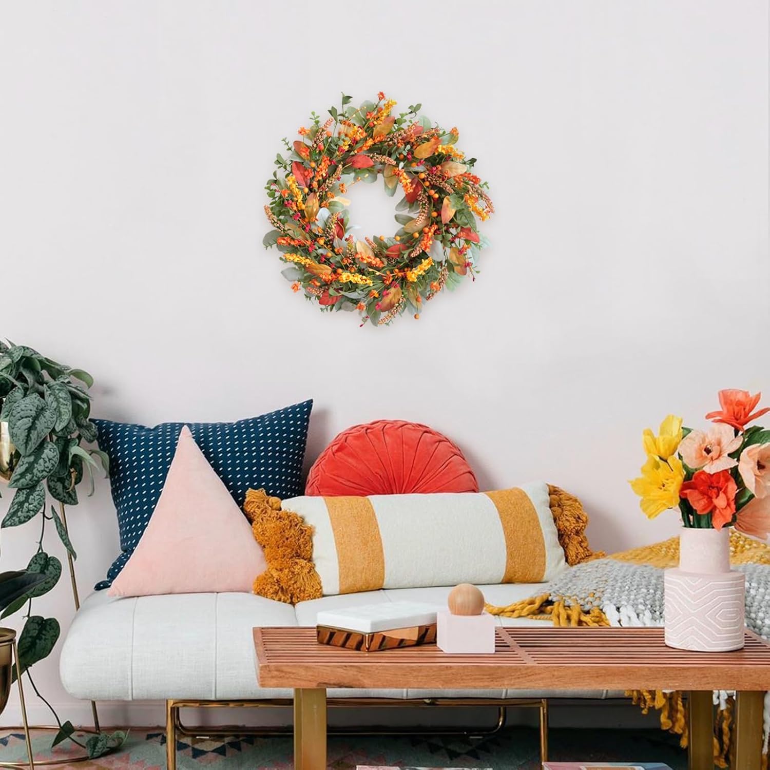TEMPUS 22 Inch Artificial Fall Wreath for Front Door
