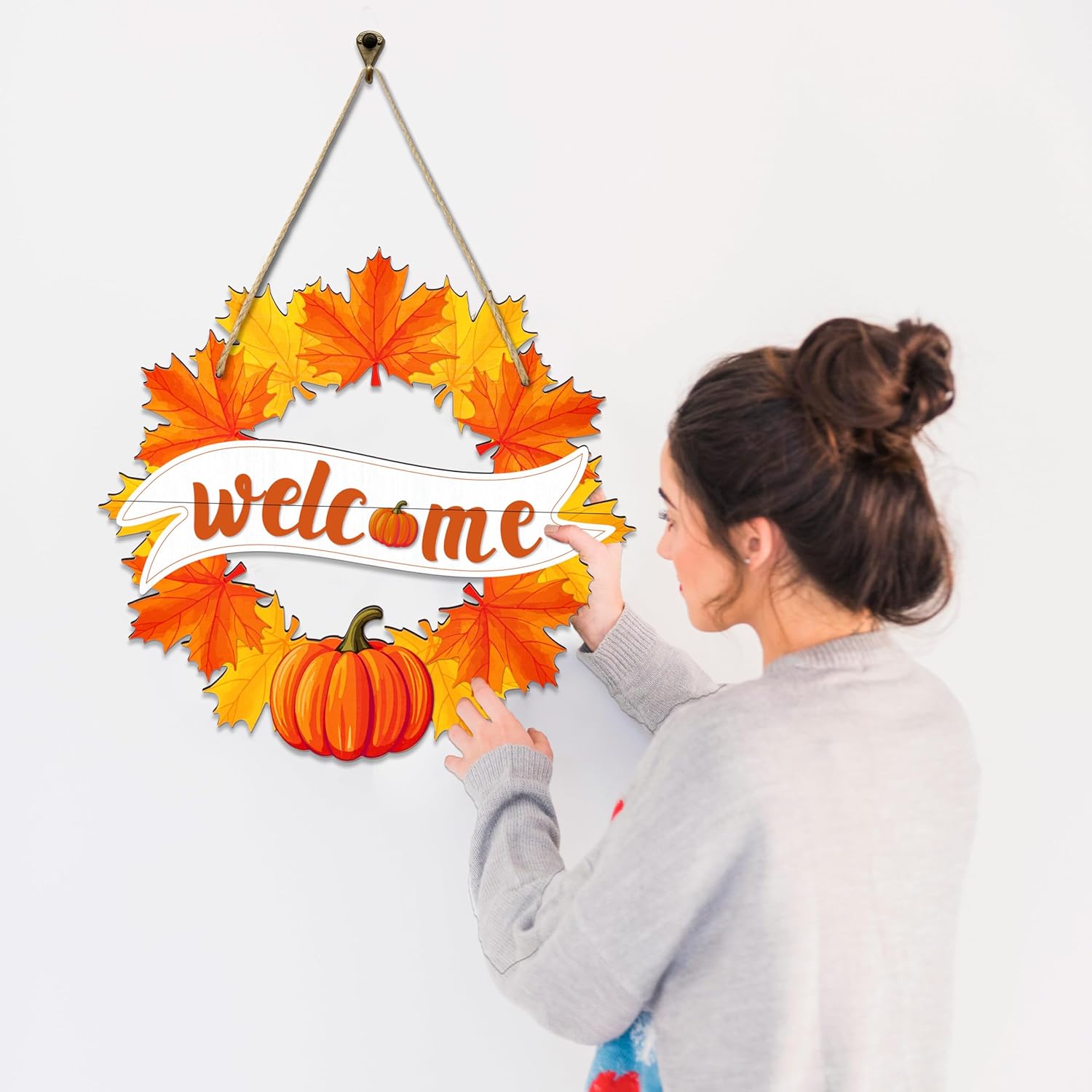 Fall Wreath for Front Door Decor Foldable Welcome Sign Autumn Thanksgiving Harvest Hanging Decoration