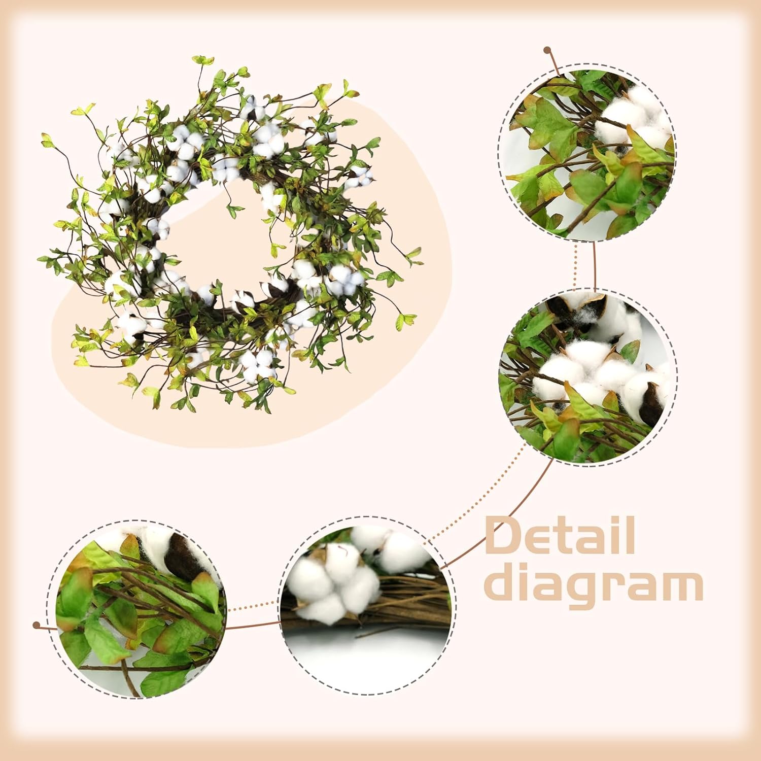 Idyllic Green Leaves and Cotton Wreath for Front Door