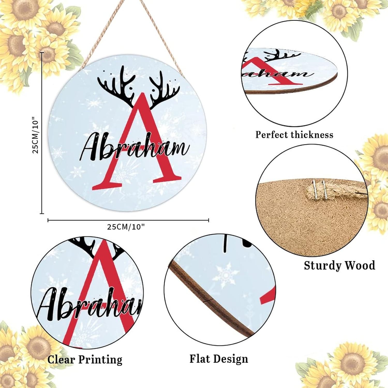 Personalized Farmhouse Door Hanger with Christmas Antlers Alphabet A Wood Sign for Kids Girls Women 10x10in