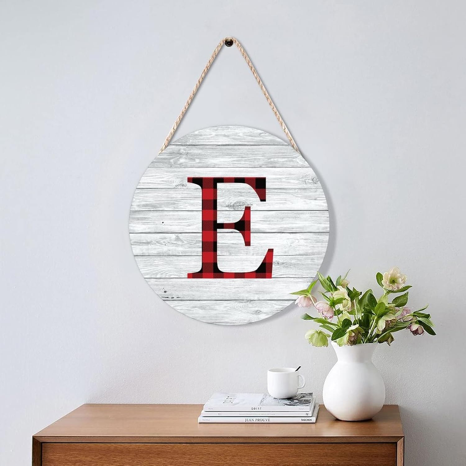 Farmhouse Door Hanger Red Black Buffalo Plaid Alphabet E Wood Sign 10x10in
