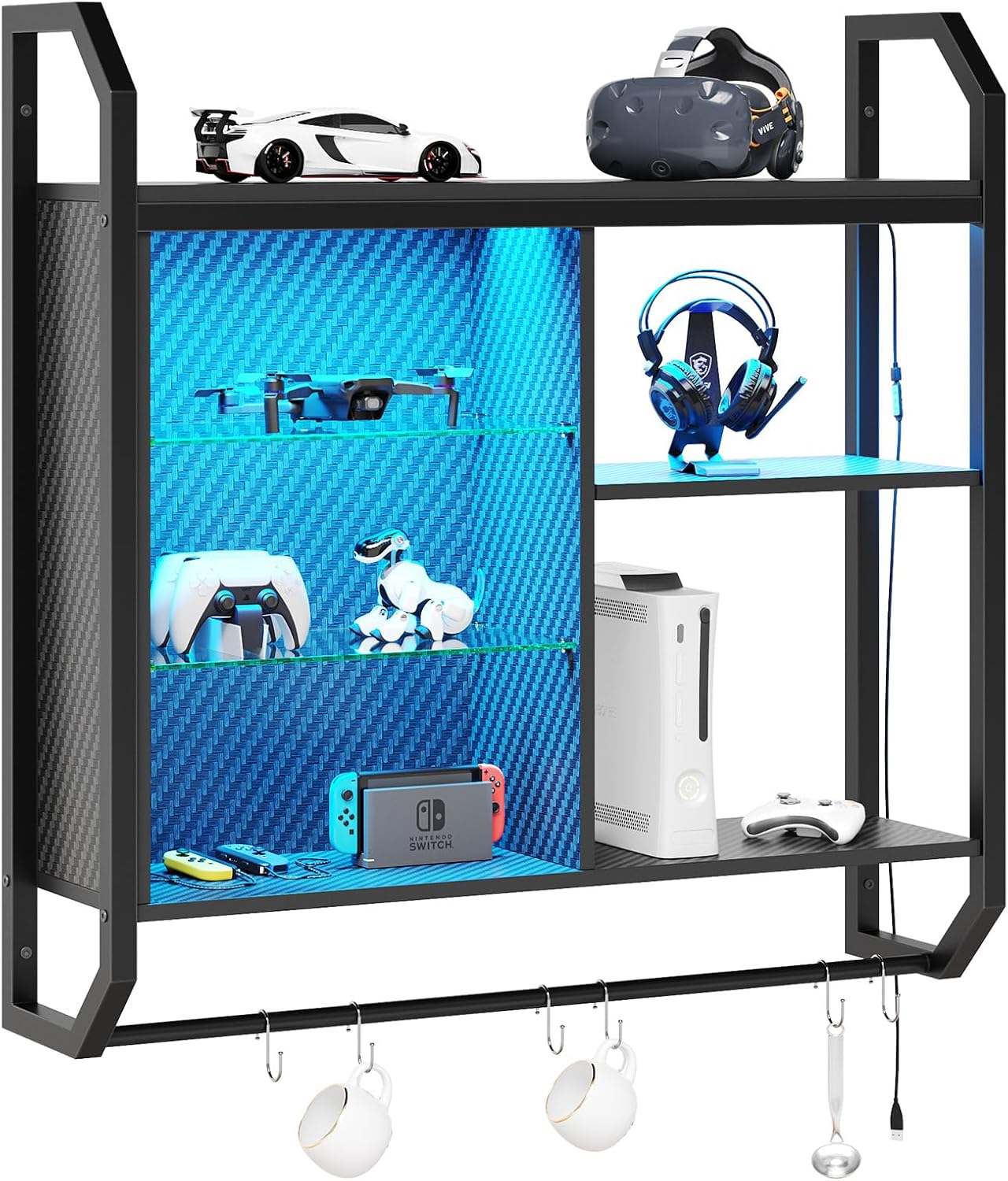 Bestier LED Gaming Floating Shelf with 6 S-Hooks Black Carbon Fiber