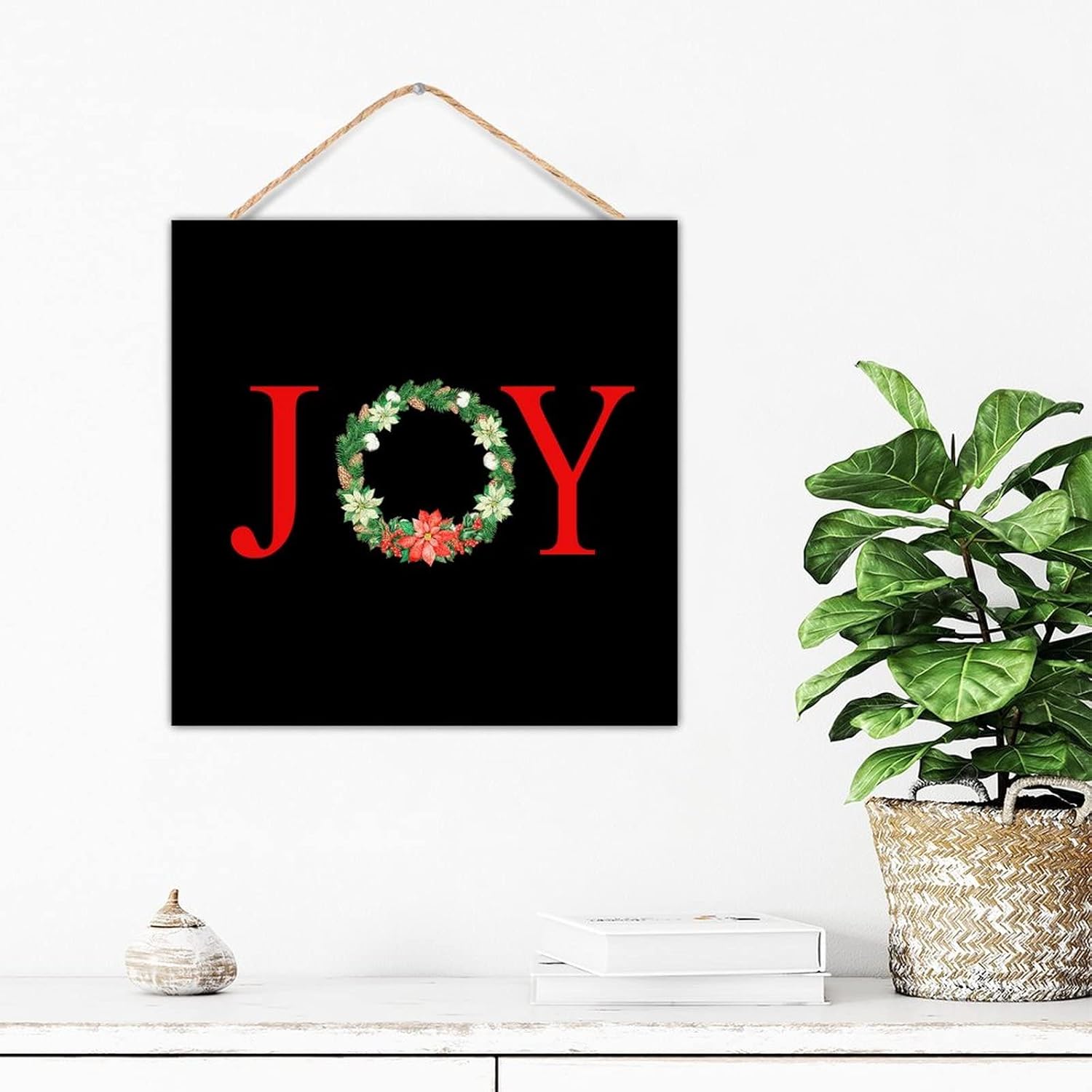 Joy Christmas Botanical Wreath Wooden Sign Door Hanger Decor 12x12in