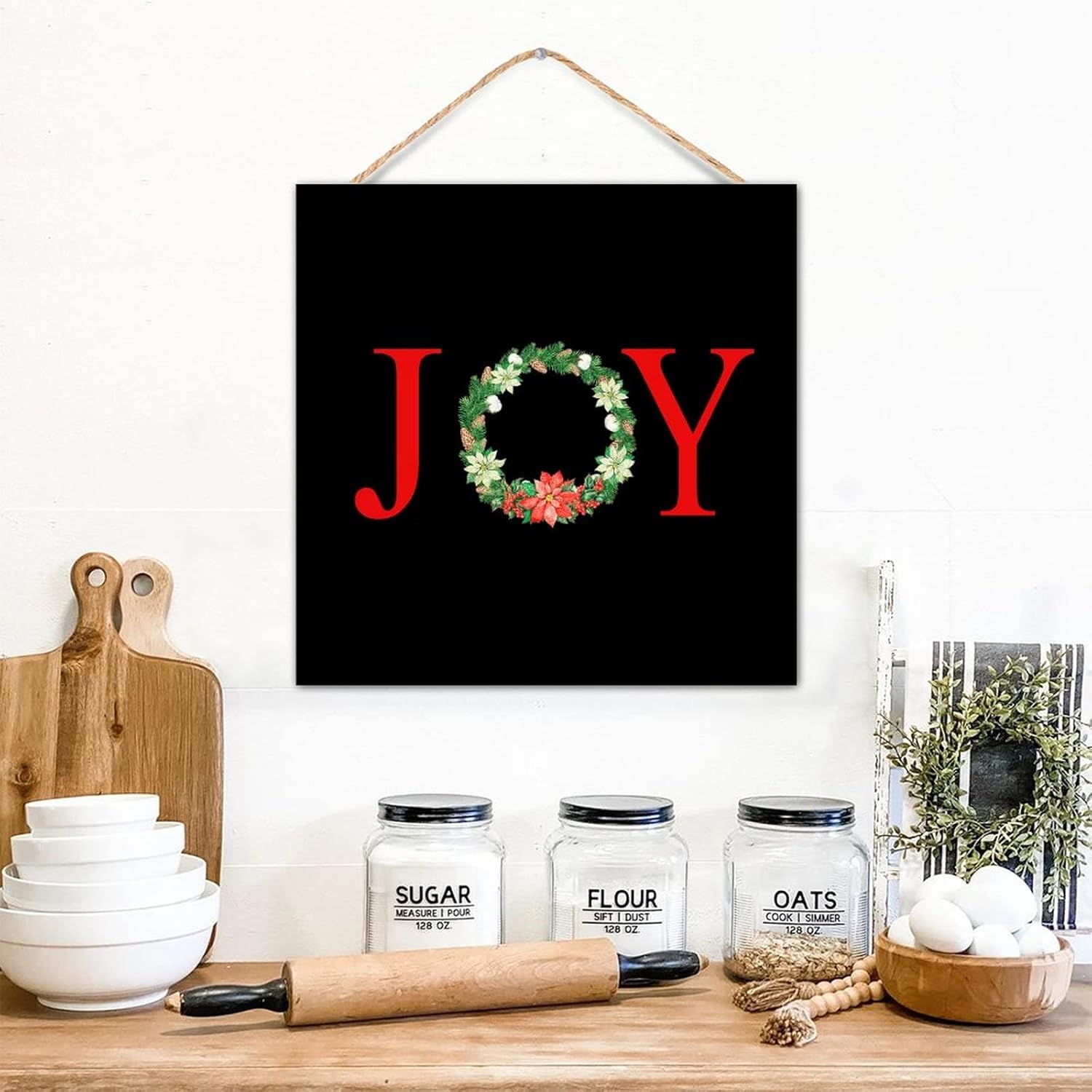 Joy Christmas Botanical Wreath Wooden Sign Door Hanger Decor 12x12in