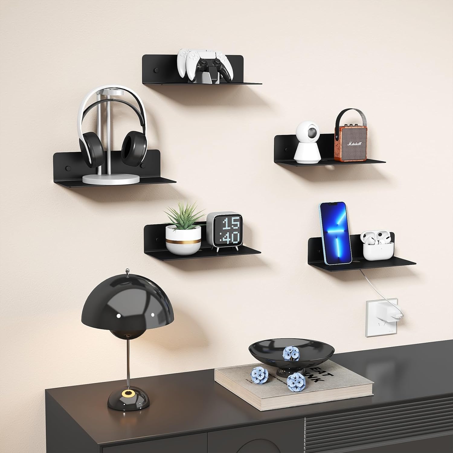 DrDJ Floating Shelves Set of 2 Black 9 Inch Metal Wall Mounted