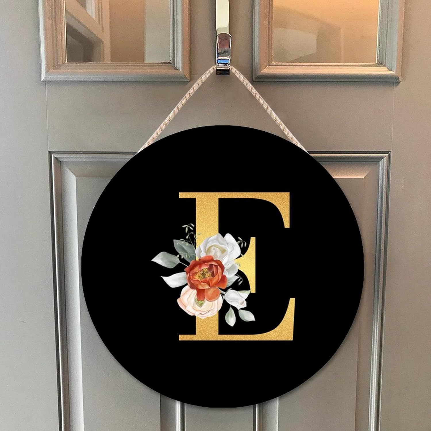 Farmhouse Front Door Hanger Rose Gold Initial Letter E Wood Sign