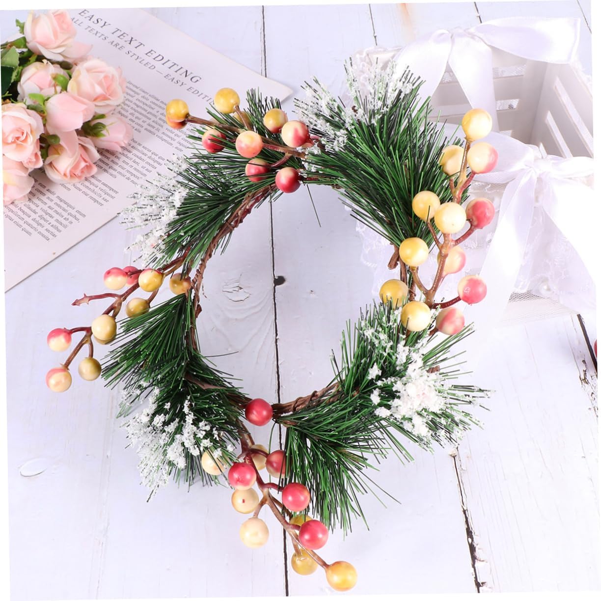 LIFKOME Simulated Berry Pink Flower Wall Decor Wreath Front Door Hanger