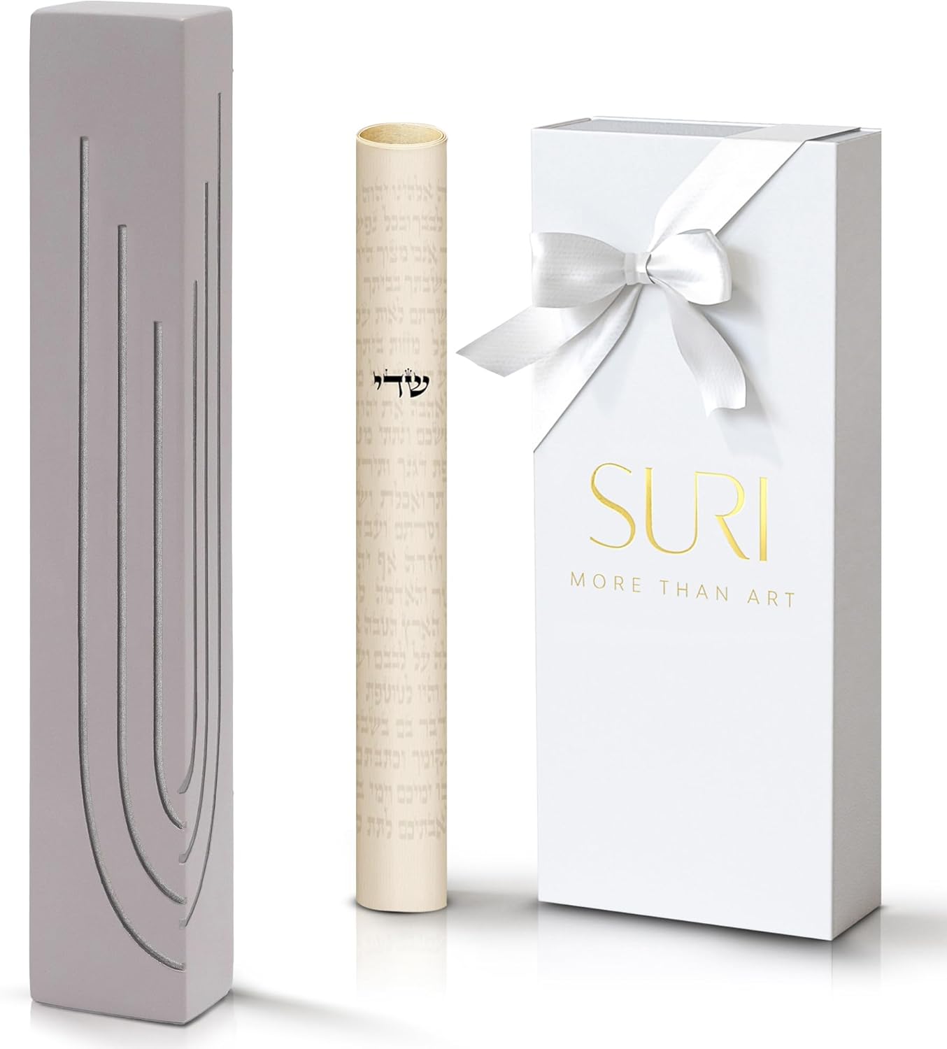Suri Modern Concrete Mezuzah with Scroll and Gift Box - Gray 4 Inch and 6 Inch Sizes