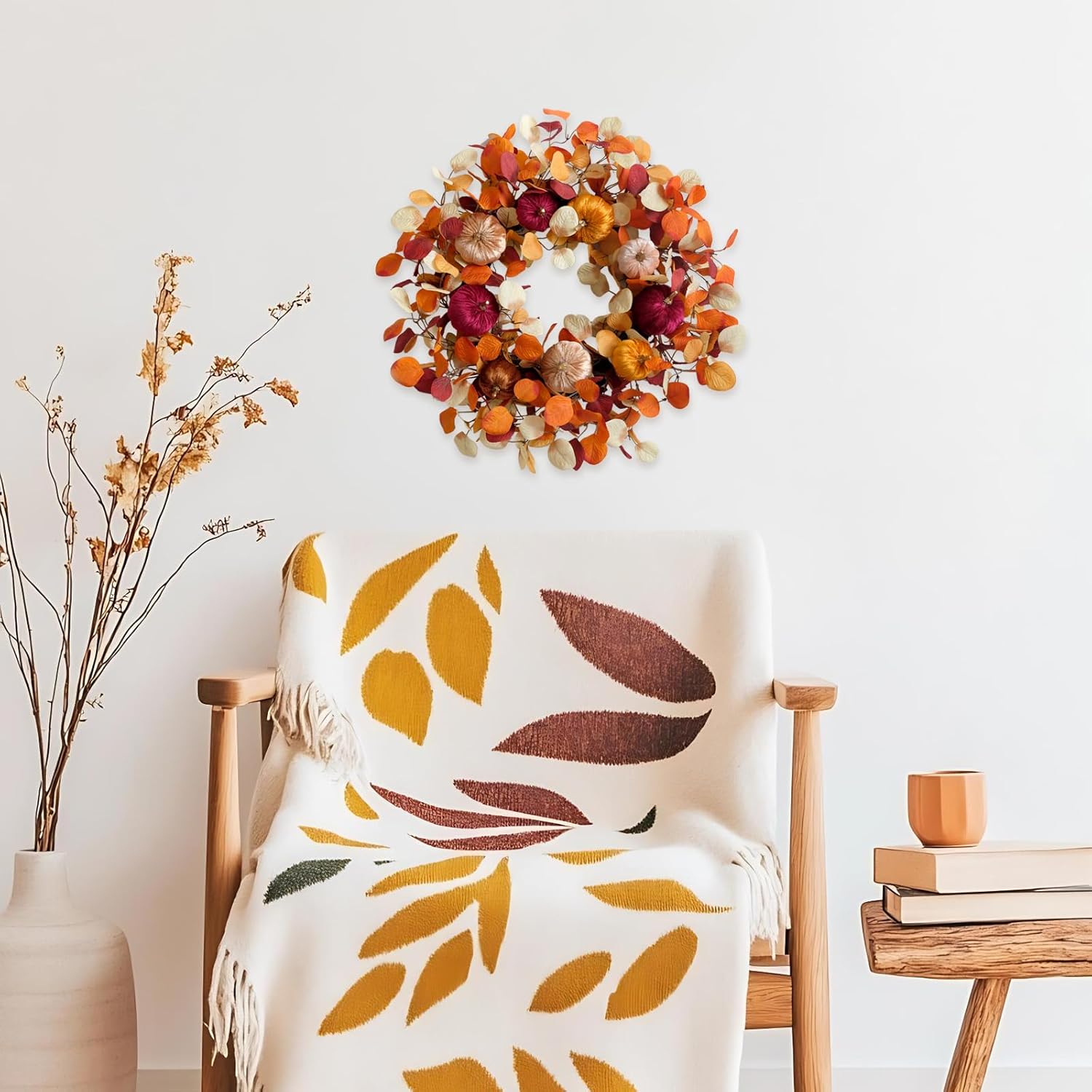 24 Inch Fall Eucalyptus Velvet Pumpkin Wreath for Front Door