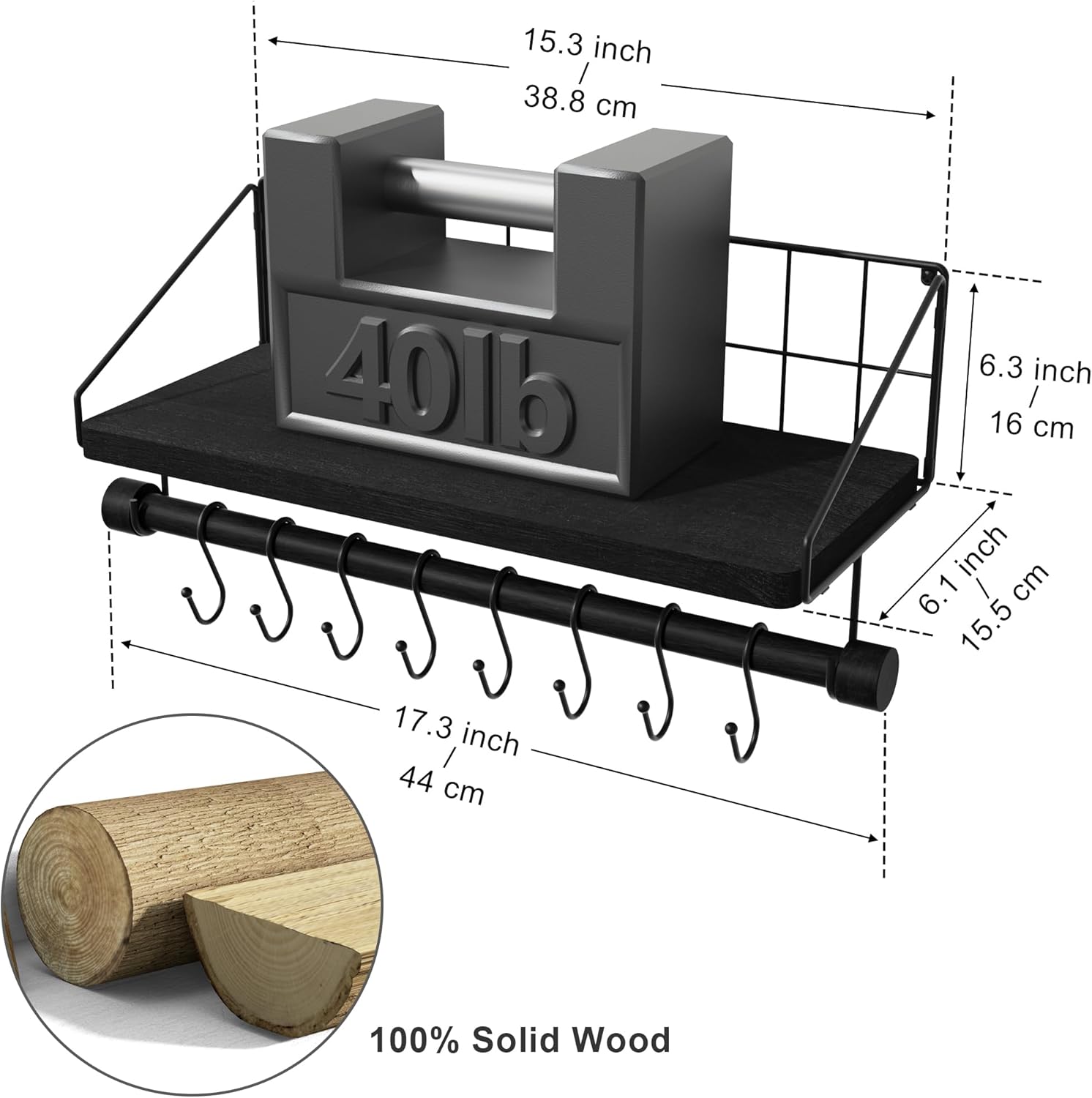 Alsonerbay Floating Wood Shelf with Hooks and Towel Bar
